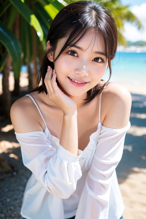 (Captured by a professional photographer:1.2), high quality, Realistic, Best image quality:1.3, (RAW Photos:1.1), Amateur models, (Accurate skeleton:1.2), (Attention to detail:1.1), 30 years old, Japanese women,(Beach), (White blouse:1.2, hot pants:1.2),Off the shoulder, barefoot, Looking at the camera:1.1, look at the person you like, Gentle expression, Thighs are visible, Warm sunshine,(Detailed eyes:1.1), (Detailed hand), (Detailed feet), smile:0.2, Cleavage:0.2, Medium chest, Sweat:0.2, 