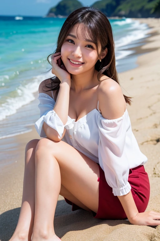 (Captured by a professional photographer:1.2), high quality, Realistic, Best image quality:1.3, (RAW Photos:1.1), Amateur models, (Accurate skeleton:1.2), (Attention to detail:1.1), 30 years old, Japanese women,(Beach), (White blouse:1.2, hot pants:1.2),Off the shoulder, barefoot, Looking at the camera:1.1, look at the person you like, Gentle expression, Thighs are visible, Warm sunshine,(Detailed eyes:1.1), (Detailed hand), (Detailed feet), smile:0.2, Cleavage:0.2, Medium chest, Sweat:0.2, 