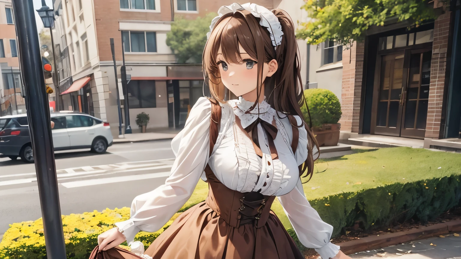 A blouse with lots of ruffles and lace A skirt with lots of ruffles and lace Panniers Beauty Brown hair half-up Upper Body Big Breasts