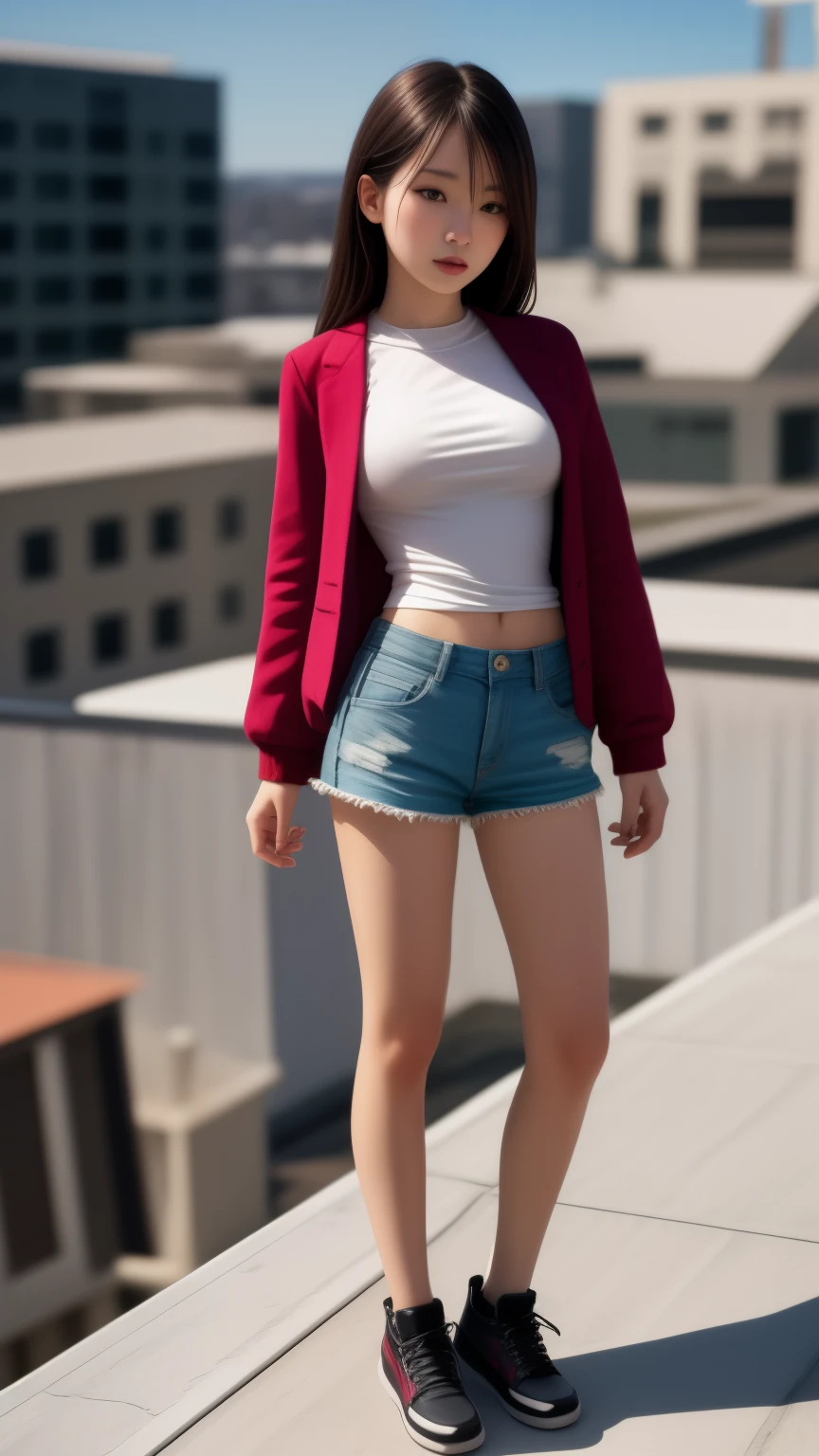 woman in short pants fashion , (Standing on the Rooftop:1.3), full body shot