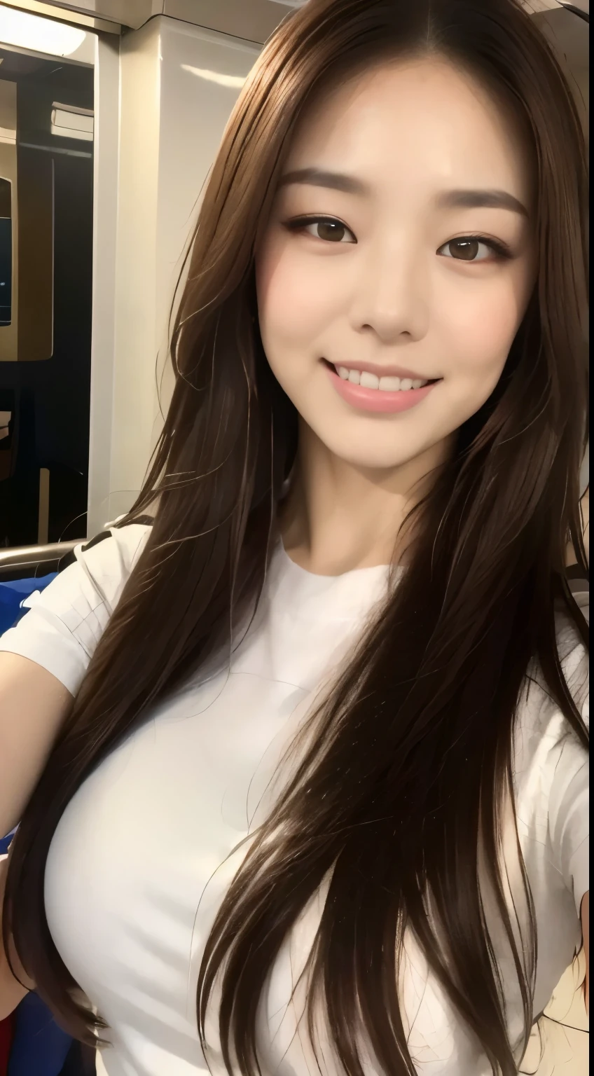 ((highest quality, 8k, masterpiece :1.3)), One girl, Selfie, close, Affectionate smile, Slim face, Beautiful woman, (Dark brown hair), Big Breasts:1.3,White T-shirt, Highly detailed face, Fine grain, double eyelid, Blur the background, Slim face, city, on the train, street, sunny, null, nature
