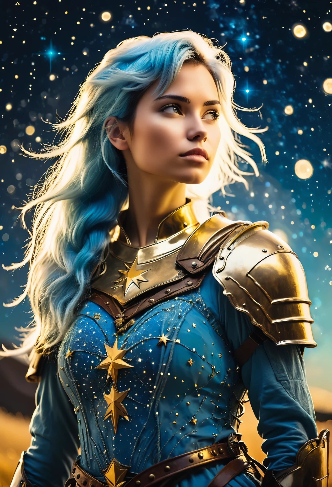 a stylized young caucasian woman warrior ((silhouette)) formed by bright stars. with straight long light blue messy hair. medieval golden  armor. Cosmic background.