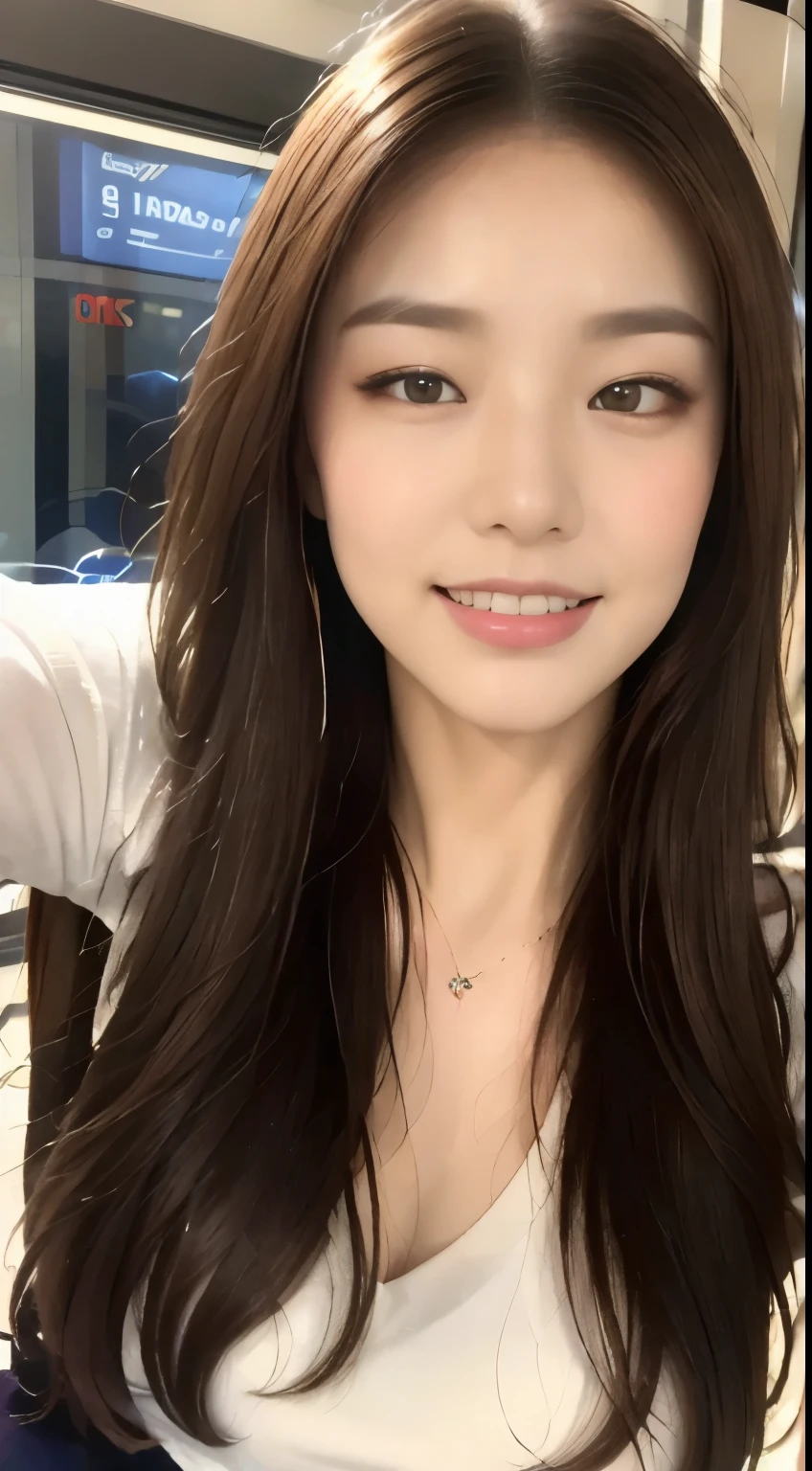 ((highest quality, 8k, masterpiece :1.3)), One girl, Selfie, close, Affectionate smile, Slim face, Beautiful woman, (Dark brown hair), Big Breasts:1.3,White T-shirt, Highly detailed face, Fine grain, double eyelid,  Blur the background, Slim face, city, on the train, street, sunny, null, nature