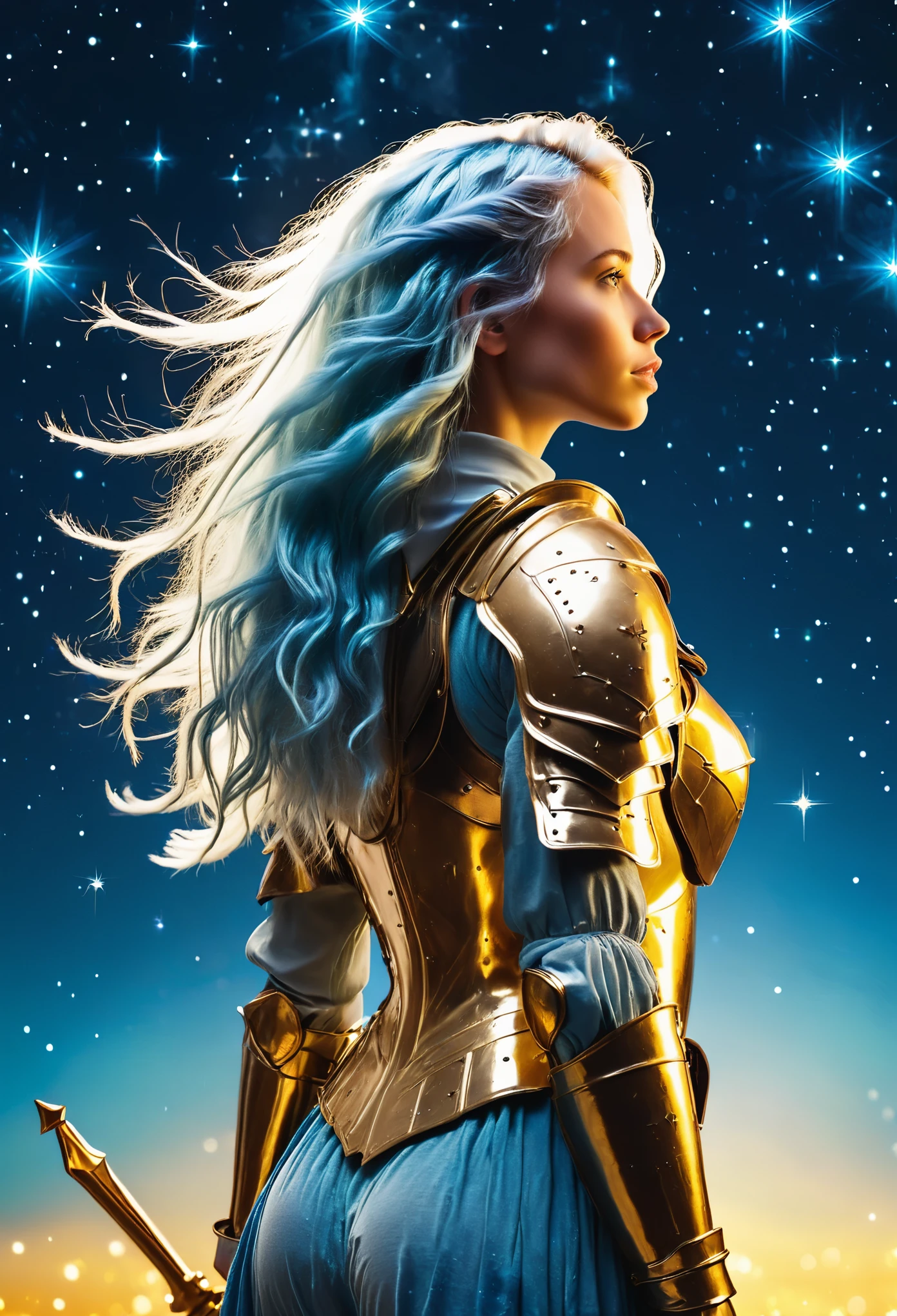 a stylized young caucasian woman warrior ((silhouette)) formed by bright stars. with straight long light blue messy hair. medieval golden  armor. Cosmic background.