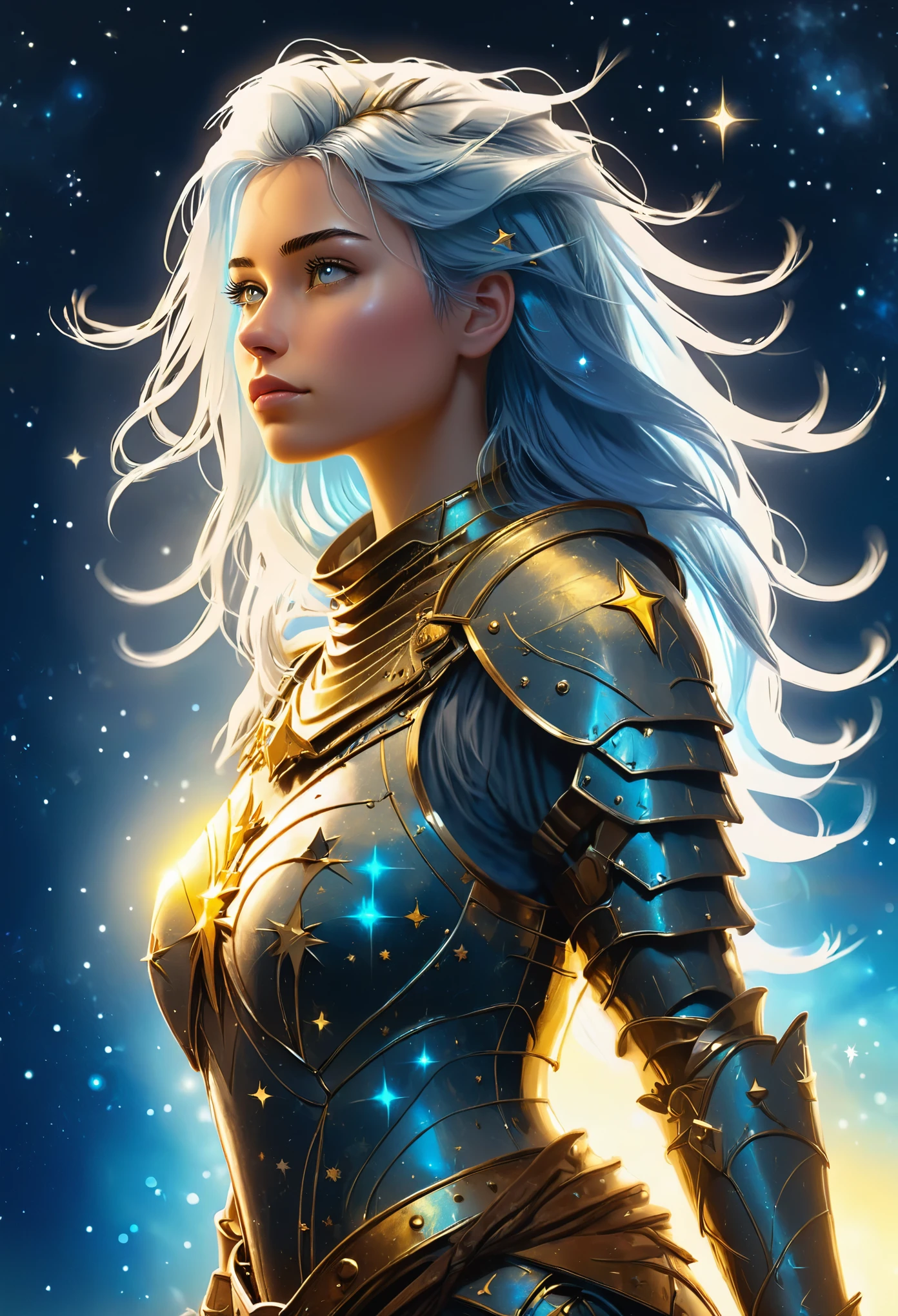 a stylized young caucasian woman warrior ((silhouette)) formed by bright stars. with straight long light blue messy hair. medieval golden  armor. Cosmic background.