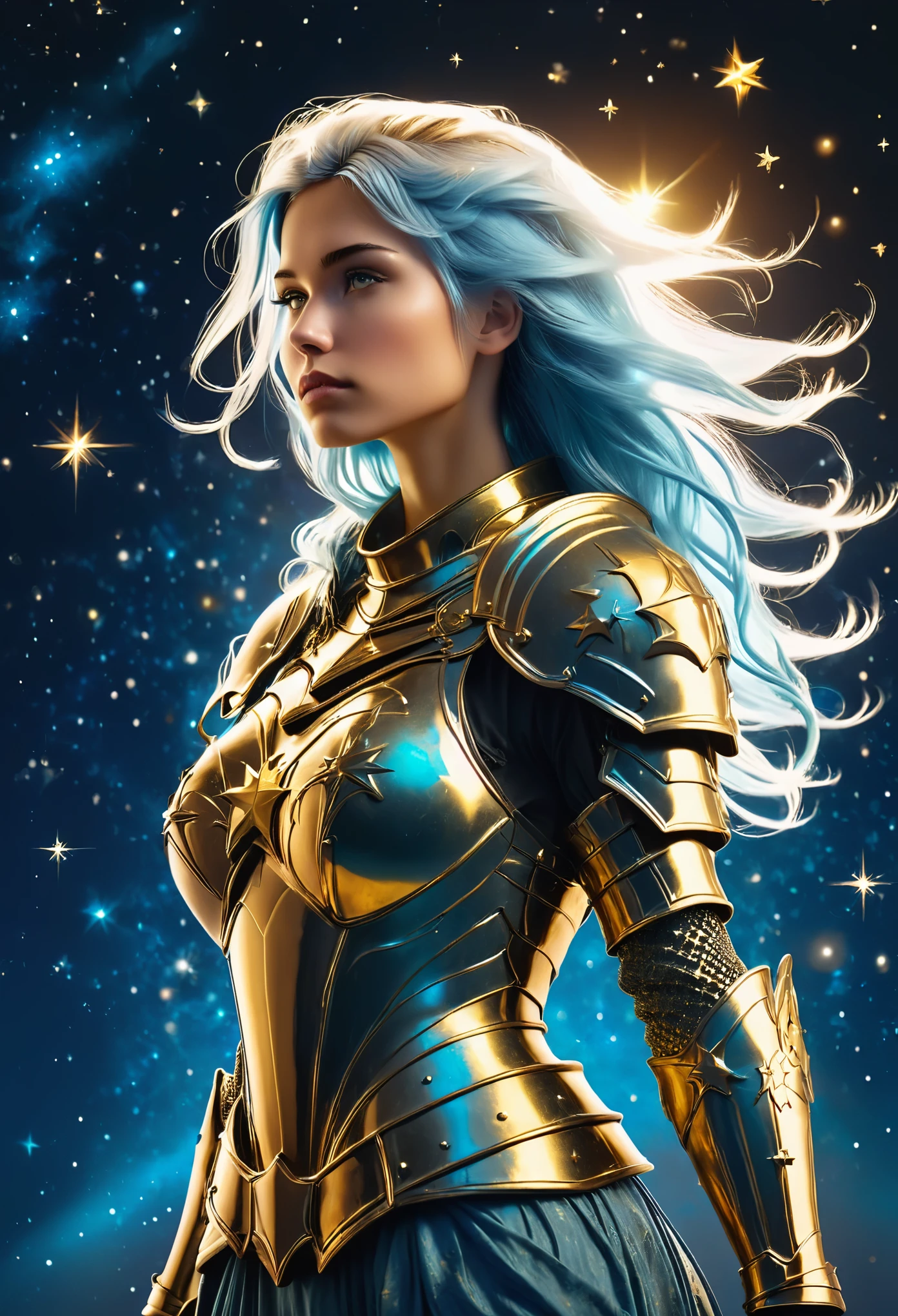 a stylized young caucasian woman warrior ((silhouette)) formed by bright stars. with straight long light blue messy hair. medieval golden  armor. Cosmic background.