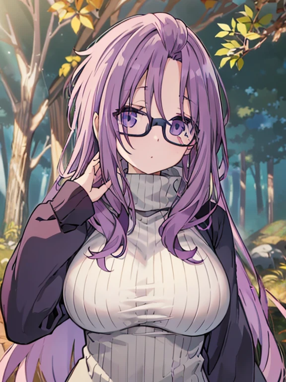 masterpiece, highest quality、Super Detail、Close-up of face、Beautiful eyes、1　Mature Woman、(kagamihara sakura)、Purple Hair、long hair、Glasses、The forehead is visible、Big Breasts、Huge breasts、Turtleneck sweater、Thick jacket、in the forest、Watching the audience、Calm face、cool、