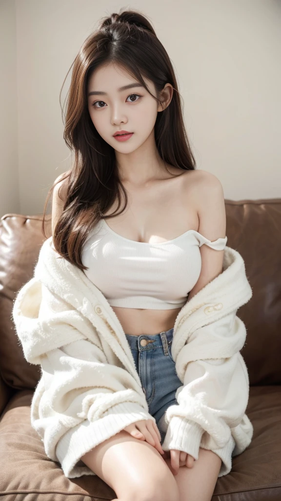 1girl, solo, facing viewer, smile, brown hair, long hair, ((best quality, 8k, masterpiece: 1.3)), highly detailed face and skin texture, detailed eyes, detailed face, bare shoulder, white top, denim shorts, medium breasts, bedroom, daytime, luxury decoration, extremely detailed, high resolution, 8k, medium breast, cleavage: 1.2, cowboy shot