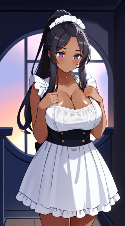 masterpiece, best quality, anime Illustration, 4k, 1 girl, solo, standing, extremely long hair, black hair, violet eyes, high ponytail, maid outfit, maid dress, cleavage, big breasts, huge breasts, looking_at_viewer, humiliated, blushing, embarrassed, upper_body, dark skin, ((Village background:1.0)), ((dark skin: 1.5)), , ((parted bangs: 1.4)),  parted bangs, large forehead, purple eyes, 