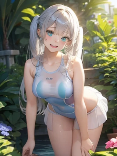 Facing forward、Cowboy Shot、The arrival of spring、pantyhose、Thick thighs、Thick thighs、Thick thighs、 (alone:1.5,)Very detailed,Bright colors, Very beautiful detailed anime faces and eyes, ,Showing her ass, Shiny_skin,girl, ((Silver Long Hair,Inner color is red 、Forehead is exposed.、Green Eyes、、Shiny hair, Delicate beautiful face, blush、(Turquoise Eyes), White skin, Valletta, Earrings,、blue flower field、(((Tight in size、See-through one-piece swimsuit、White mini skirt)))、Twin tails、smile、Happy Face、face dyed red、On all fours