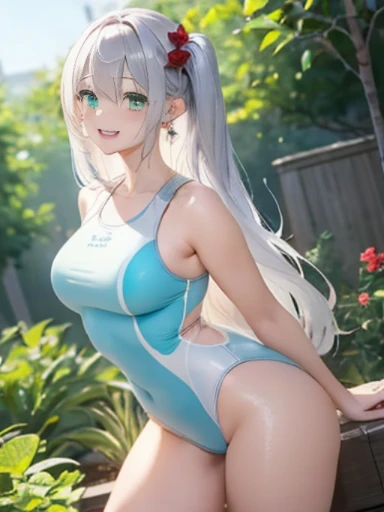 Facing forward、Cowboy Shot、The arrival of spring、pantyhose、Thick thighs、Thick thighs、Thick thighs、 (alone:1.5,)Very detailed,Bright colors, Very beautiful detailed anime faces and eyes, ,Showing her ass, Shiny_skin,girl, ((Silver Long Hair,Inner color is red 、Forehead is exposed.、Green Eyes、、Shiny hair, Delicate beautiful face, blush、(Turquoise Eyes), White skin, Valletta, Earrings,、blue flower field、(((Tight in size、See-through one-piece swimsuit、White mini skirt)))、Twin tails、smile、Happy Face、face dyed red、On all fours