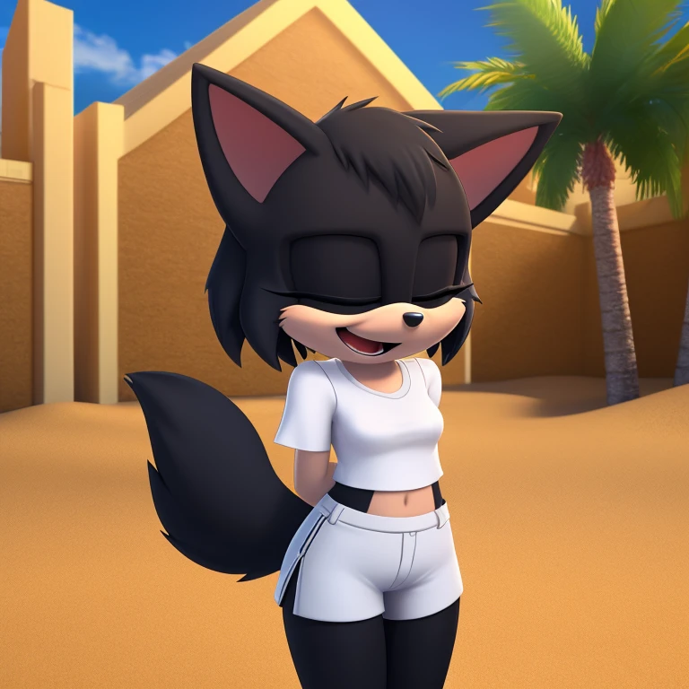 mobian cat, black fur, short hair, black hair, beach, female, 1girl, portrait, laughing, closed eyes, palm tree, grass, sand, standing, small breasts, silk shirt, white shirt, white shorts, arm behind back, Masterpiece, high quality, studio quality, intricate details, 4k, solo