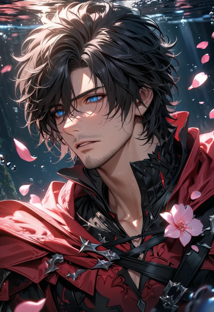 absurdres, highres, ultra detailed, HDR, master piece, best quality, Clive Rosfield, black hair, expressive blue eyes, Final Fantasy XVI, sexy man, solo, handsome, black and red clothes, pink petals, underwater, pink flowers, pink butterflies, blossoms