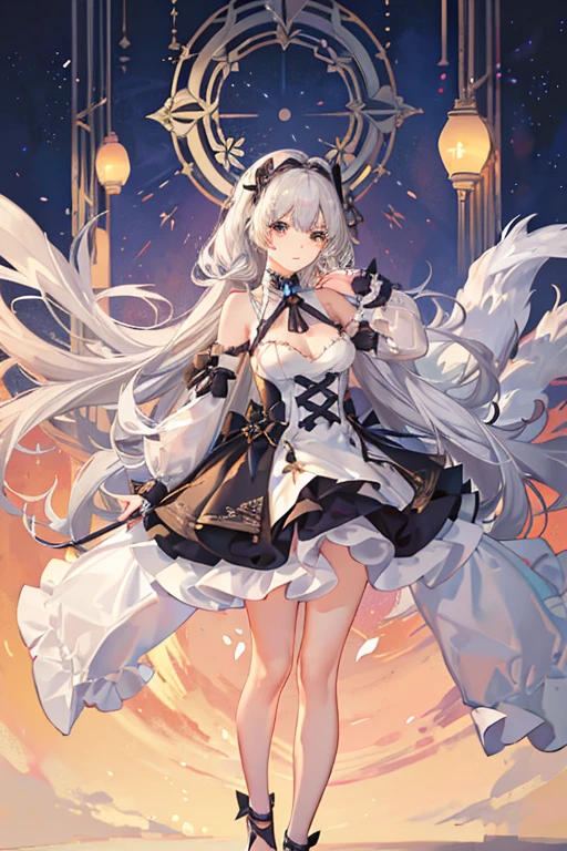 Best image quality, Excellent details, Ultra-high resolution, Best illustrations, Favorite Details, Very condensed one girl, Delicate and beautiful features,
(1girl, heterochromi, (long silver hair), dress, tall height, medium breast, torogao)
