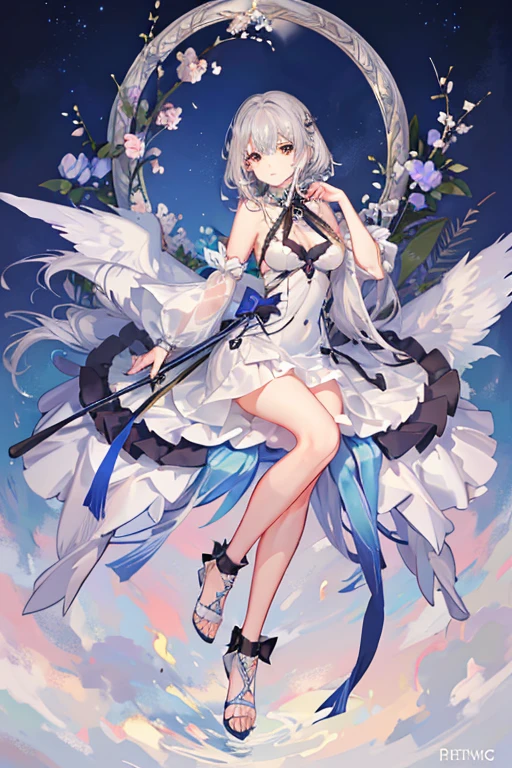 (masterpiece, best quality: 1.2), 1girl, solo, anime art, magic circle, white hair, long hair, finely detailed eyes, happy expression, sweat, dress with ruffles, purple color scheme, high heels, white gloves, heart shaped necklace, tiara, flying birds, forest, angel wings, scales, sharp claws, pointed tail, sakura trees, moonlight filtering through leaves, fallen leaves,  shrubs, sakura flowers, flying flowers, river, bridge, night clouds, starry sky, windy, rustling leaves, anime style --auto --s2