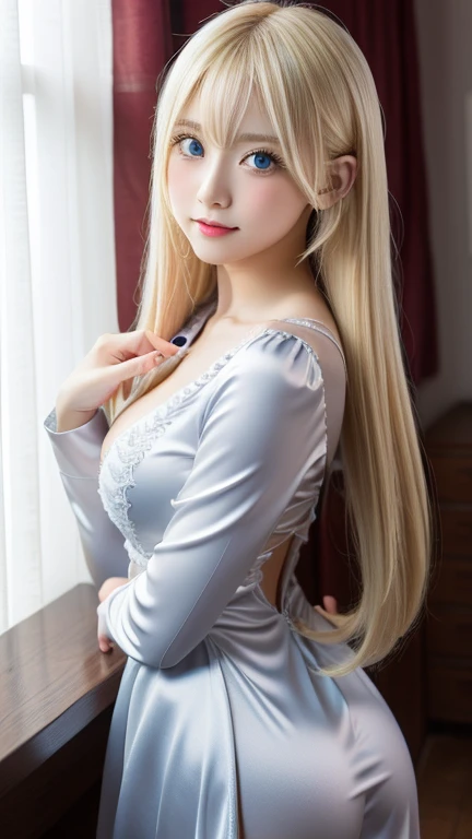 highest quality Shining, clear, white skin、Her windblown blonde hair hides her beautiful face、huge、20 years old cute sexy little beautiful face、Beautiful straight hair that stands out、growing up, Sparkling light blue eyes、long silky bangs that cover cute eyes, Sexy and cute young woman with super long hair hiding her sexy face、Super long, natural platinum blonde shiny hair Beautiful bangs that cover the forehead and reach the eyebrows Beautiful chest whole body Lower Body Overall image Sensual pose They are trying to seduce me. A devilish look peace sign Gothic ta Costume Trying to kiss her with her beautiful lips Sticking out her buttocks