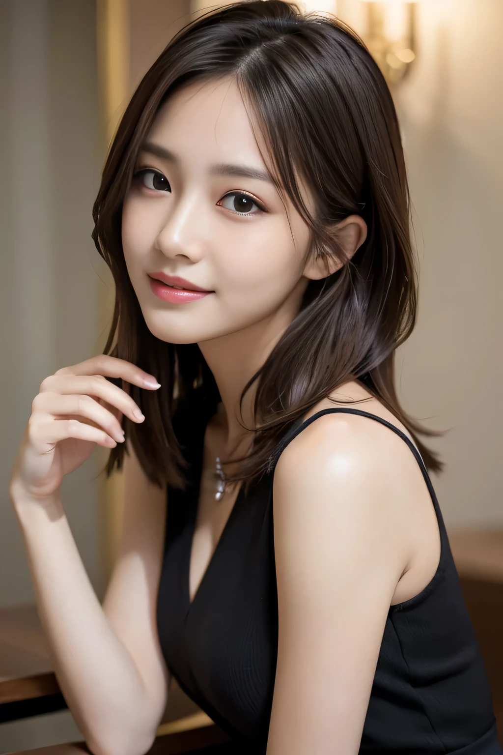 ((highest quality, 8k, masterpiece: 1.3)), beautiful girl, Pure, Melon face, Kind and cute, Cute smile, Pure desire, Slender body, (front), (Tilt your head), ((looking at the camera) ), Wearing a dark suit, Light brown silky long hair, Long, flowing shoulders, Big, round, black eyes, Clear, big eyes, Moist red lips, sweet, Sitting in a chair, Cafe Background ,(((West Shot))),,