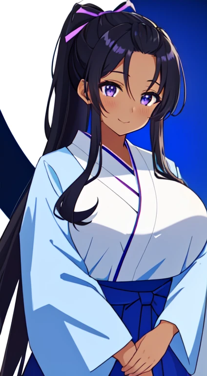 masterpiece, best quality, anime Illustration, 4k, 1 girl, solo, standing, long hair, black hair, violet eyes, high ponytail, blue hair ribbon, blue ribbon, blue hakama and white kimono, big breasts, huge breasts, looking_at_viewer, motherly smile, upper_body, dark skin, ((Village background:1.0)), ((dark skin: 1.5)), , ((parted bangs: 1.4)),  parted bangs, large forehead, purple eyes, blue hakama