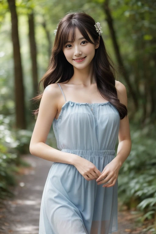 リアルな写真image quality、8kimage quality、Contrast is a little high、A woman in a sheer mini dress is walking down a forest path, Dressed in a nice dress20Old Japanese woman, adorable and cute, Pastel Blue, Tube top dress, Ruffled Costume、Attractive Japanese woman、Happy expression、gentle expression、Slightly large chest、Brunette medium-long hair、morning clear々new light、Professional Lighting、looking at the camera: 1.8