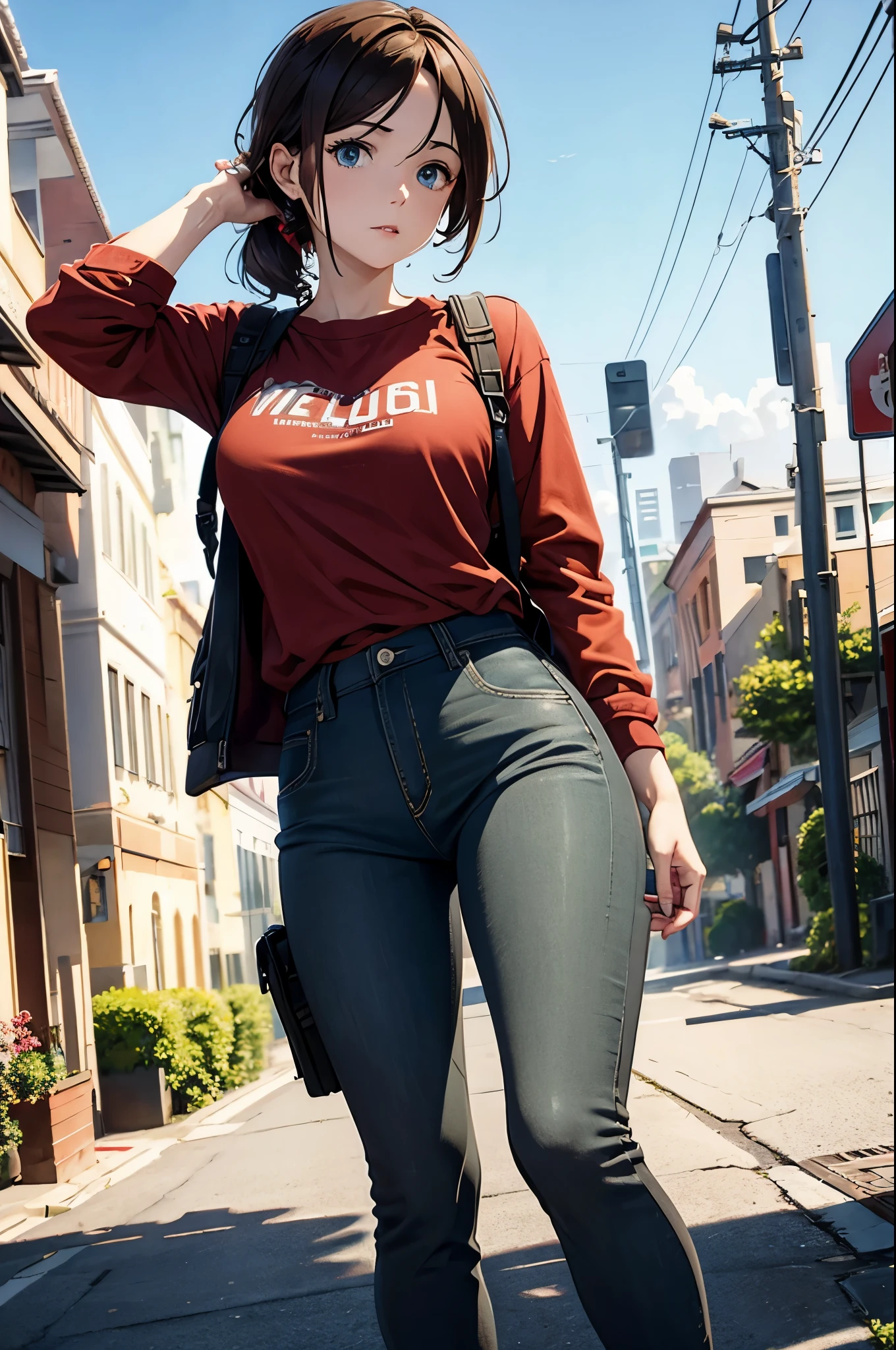 NSFW, Masterpiece, 1.4 Top Image 4K, Ellie The Last Of Us, Brown Hair, Red Shirt, Dark Blue Pants, Rendering In An Apocalyptic City, Showing Panties, Ultra Realistic, 4K Wallpaper, EnvyBetterHands LoCon.