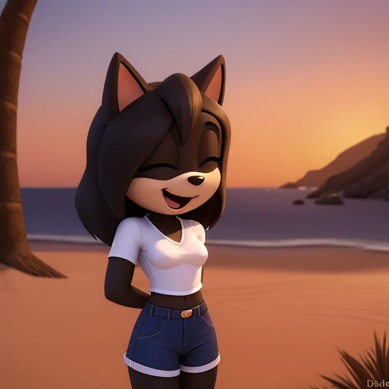 [cherry], [animal crossing], [Uploaded to e621.net; (Pixelsketcher), (wamudraws)], ((masterpiece)), ((HD)), ((high res)), ((solo portrait)), ((front view)), ((feet visible)), ((furry; anthro)), ((detailed fur)), ((detailed shading)), ((beautiful render art)), {anthro; (slim figure), black nose, (long eyelashes), (black eyeshadow), (fluffy tail), (curvy hips), (beautiful legs), (beautiful feet), (humanoid feet), (paw pads), (blushing), (cute smile), (mouth open), (excited expression)}, {(blue off-shoulder tee shirt), (cleavage), (pineapple printed on shirt), (blue bikini panties)}, {(kneeling), (looking at viewer)}, [background; (beach), (glistening ocean), (blue sky), (sun rays), (ambient lighting)]