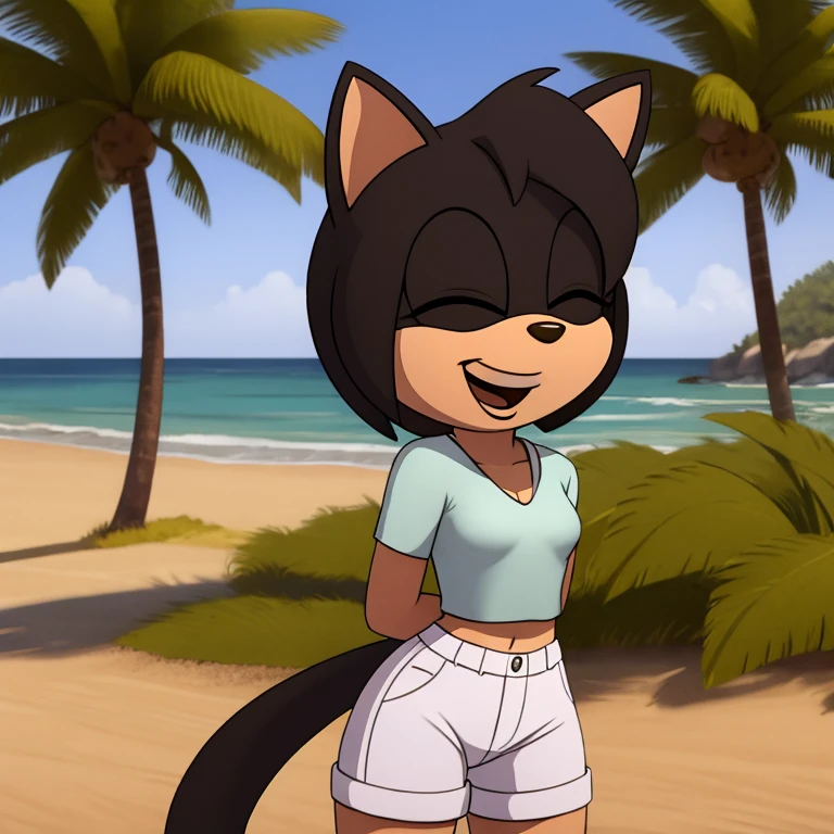mobian cat, black fur, short hair, black hair, beach, female, 1girl, portrait, laughing, closed eyes, palm tree, grass, sand, standing, small breasts, silk shirt, white shirt, white shorts, arm behind back, Masterpiece, high quality, studio quality, intricate details, 4k, solo