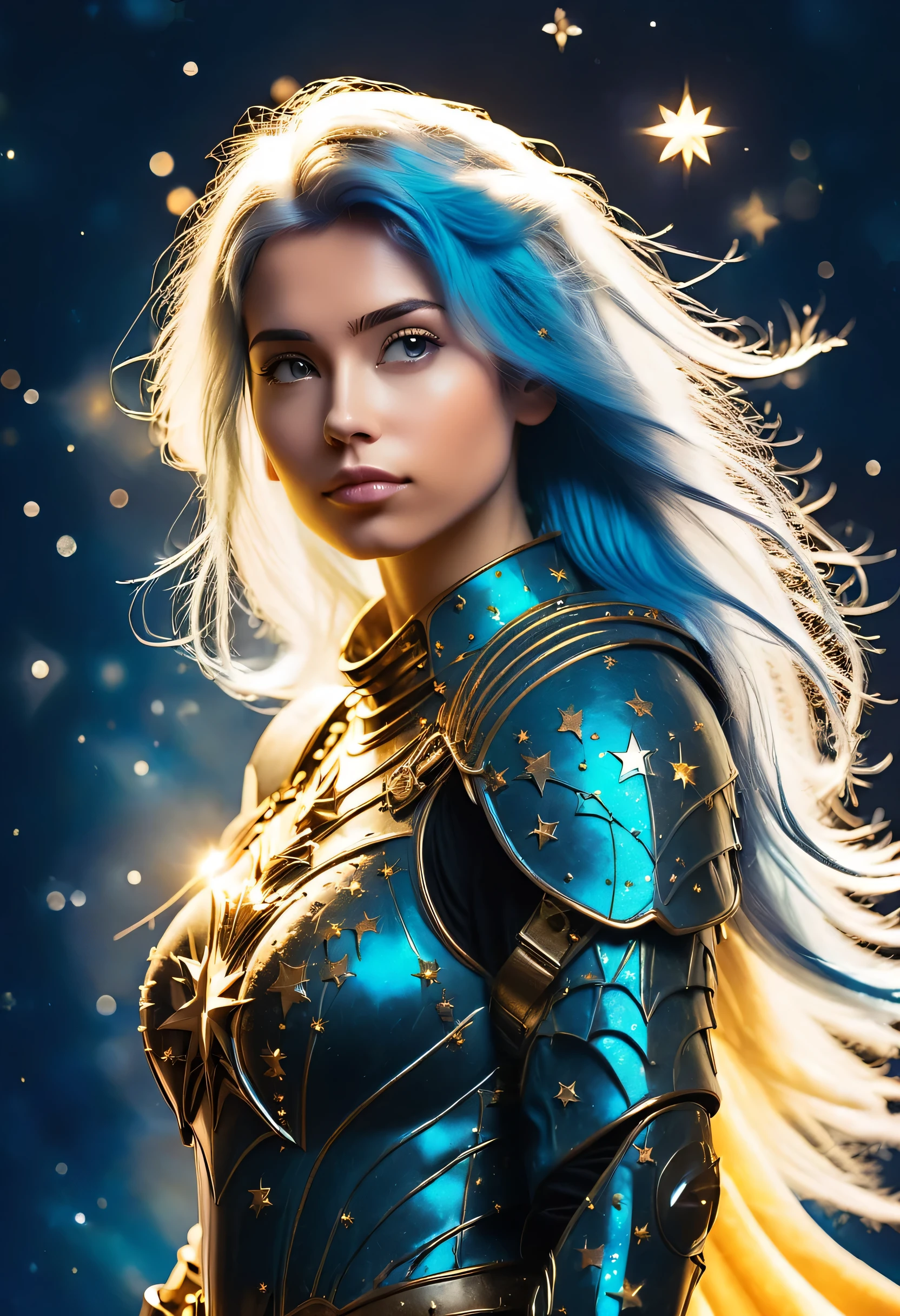 a stylized young caucasian woman warrior ((silhouette)) formed by bright stars. with straight long light blue messy hair. Straight hair. medieval golden armor. Cosmic background.