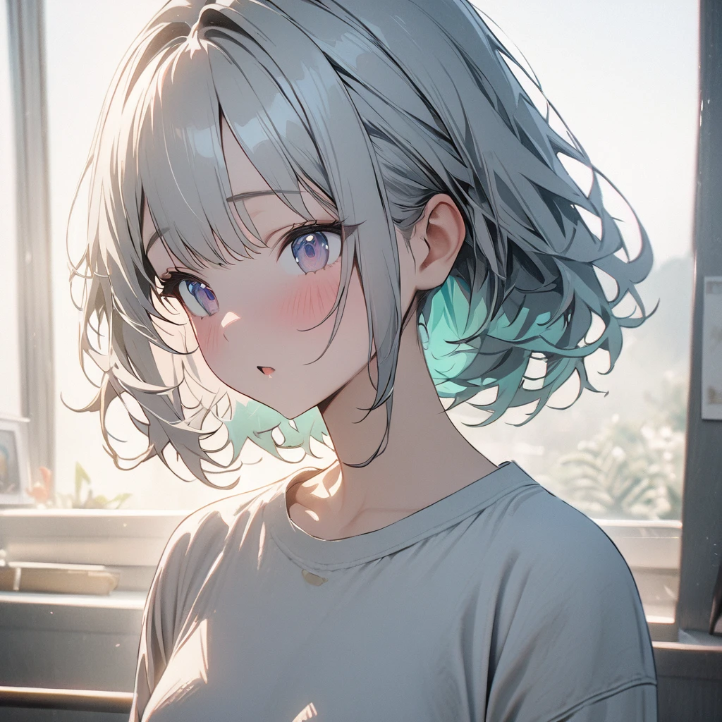 (1 girl),masterpiece, best quality, high quality, detailed, ultra detailed, hyper detailed,highres, absurdres, background photo, white background, in the room, kawaii, cute, UwU, beautiful, hazy atmosphere, upper body, from front, front view, [light silver and light azure, light yellow and light emerald, silver and azure, (light yellow and light silver), (light white and light silver),hair] Solo focus