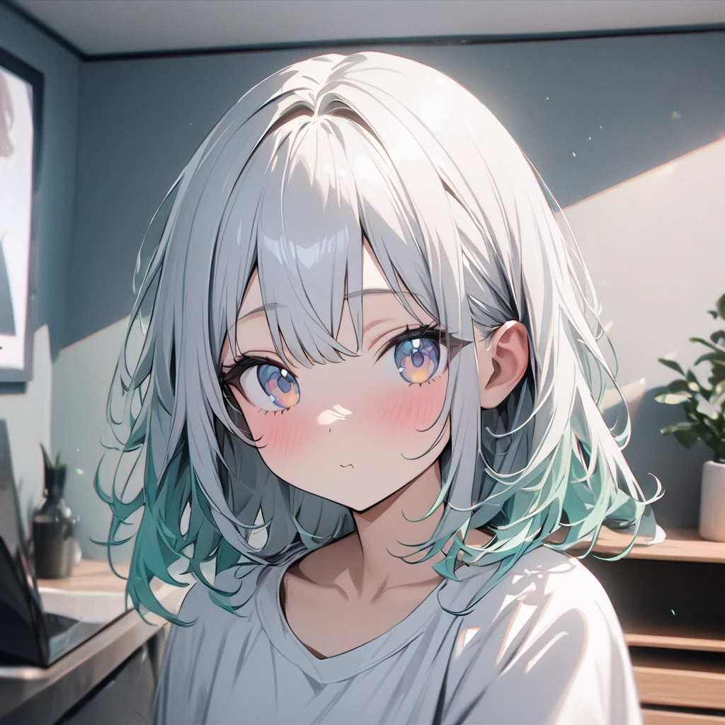 (1 girl),masterpiece, best quality, high quality, detailed, ultra detailed, hyper detailed,highres, absurdres, background photo, white background, in the room, kawaii, cute, UwU, beautiful, hazy atmosphere, upper body, from front, front view, [light silver and light azure, light yellow and light emerald, silver and azure, (light yellow and light silver), (light white and light silver),hair] Solo focus
