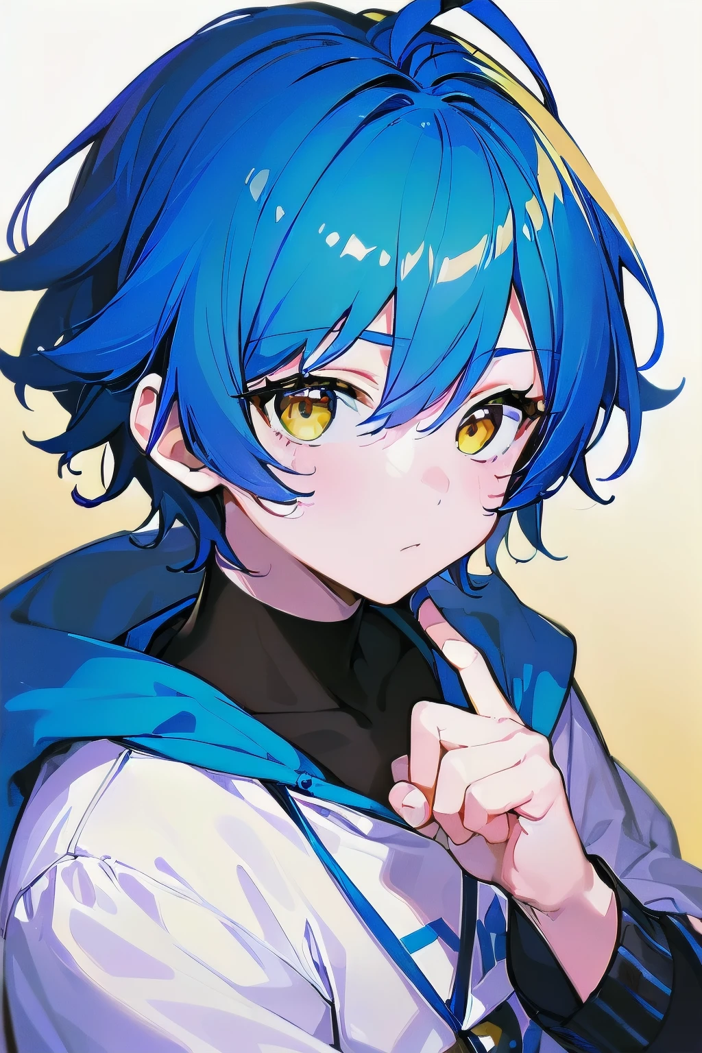 [(WHITE BACKGROUND:1.5),::5], ((((masterpiece)))), high quality, very_high_resolution, large_filesize, full color, ((younger boy)), , short deepblue hair, vivid color, ((yellow eye)), civilian clothes white, animestyle, 