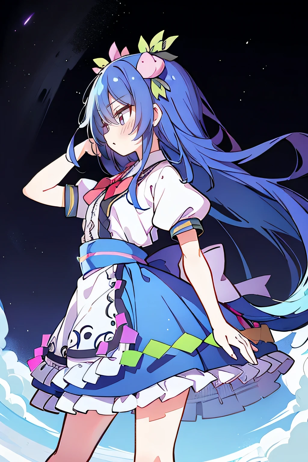 (masterpiece),best quality, expressive eyes, perfect face, 1girl,
Put your hands on your waist,fair, Gorgeous,Japanese cartoons,girl,lola,Hina Angel, blue hair, blue haired, floating clothes,Grab your waist, Grab your waist, hands on hips , hands on hips,sit, sit on ground, Legs on the ground, flat chest,starry sky,Pink eyes,profile,