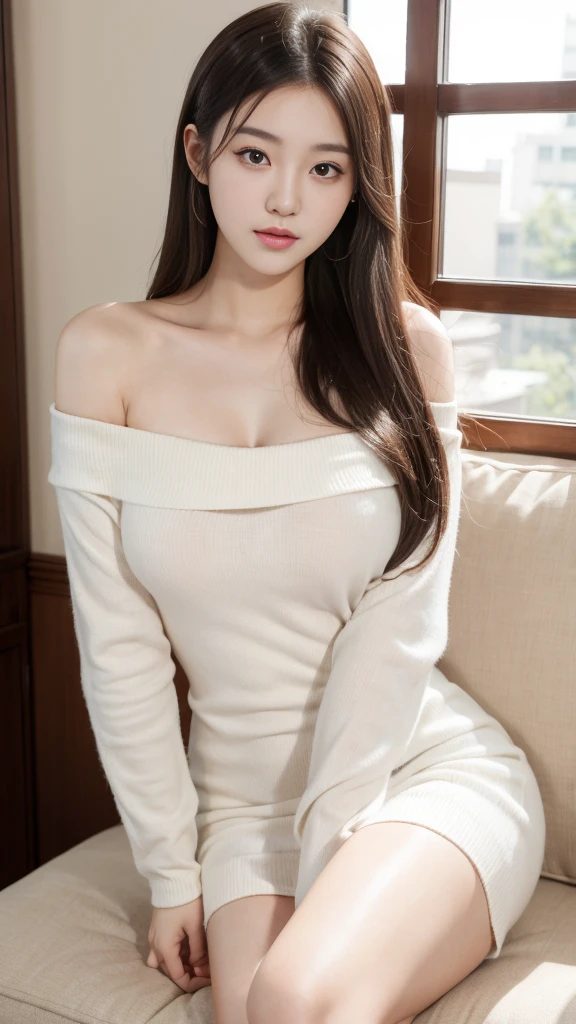 korean young girl, sitting, off shoulder dress, large breasts, 18 year old, happy, long hair, sexy posing, cute beautiful face, body detailed, white skin