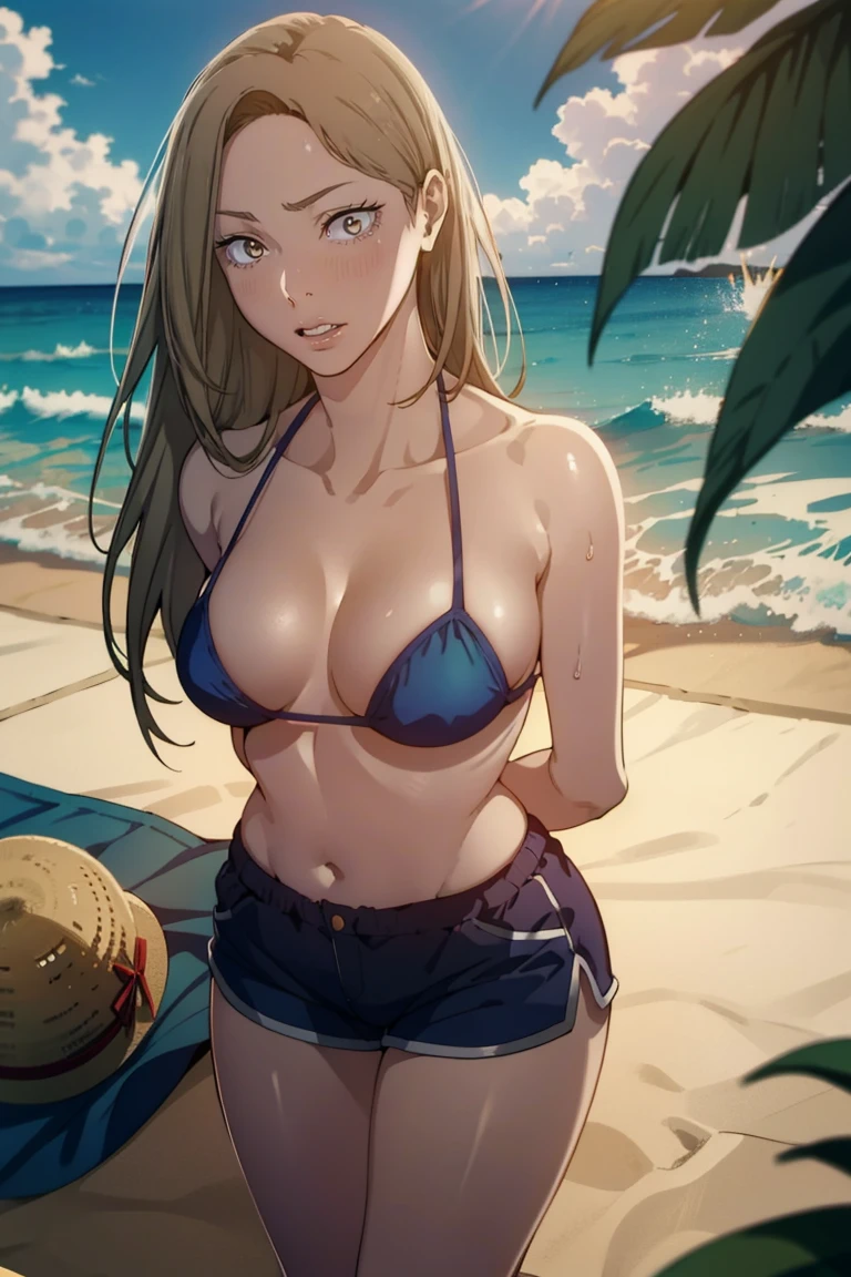 1girl, solo,underwear, navel, breasts, realistic, long hair,, lips, lipstick, smiling, looking at viewer, blonde hair, collarbone,golden eyes, sitting, cowboy shot, standing, from Above, micro bikini, dolphin shorts,straw hat, legs open, dynamic pose, white skin, pale skin,slim waist, armd behind back, outside, skies, blue skies, seaside, beach sand, cameltoes, 16:9, happy face, smile, happy mood