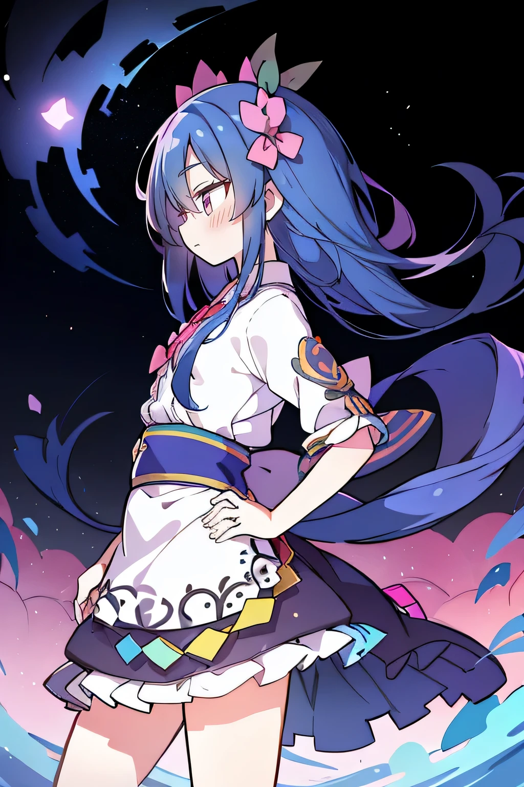 (masterpiece),best quality, expressive eyes, perfect face, 1girl,
Put your hands on your waist,fair, Gorgeous,Japanese cartoons,girl,lola,Hina Angel, blue hair, blue haired, floating clothes,Grab your waist, Grab your waist, hands on hips , hands on hips,sit, sit on ground, Legs on the ground, flat chest,starry sky,Pink eyes,profile,