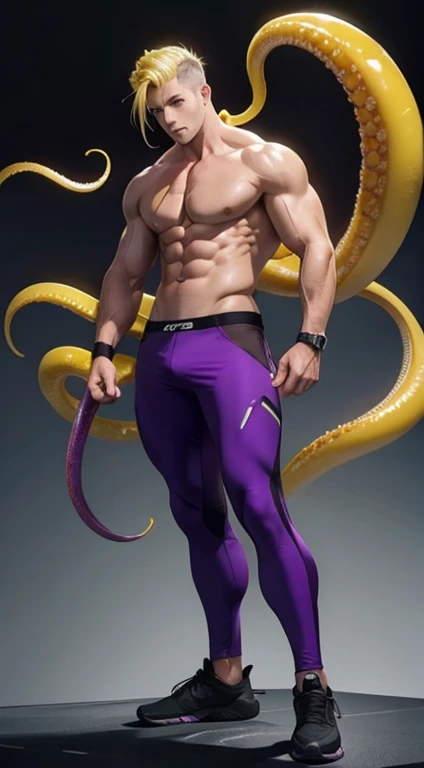 full body Illustration of a very handsome shirtless alien man with big yellow tentacles, purple eyes, yellow hair, nice abs