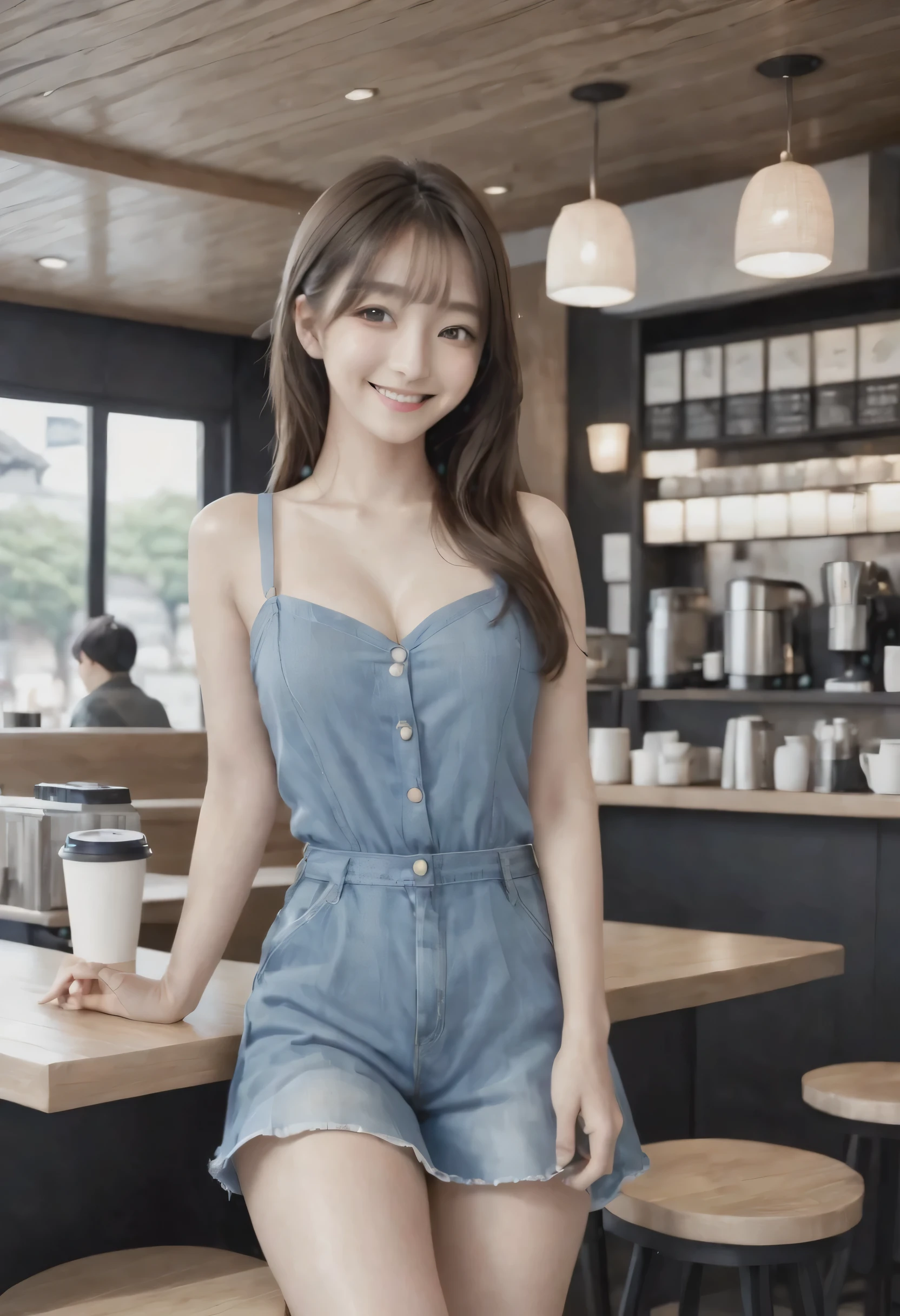 masterpiece、Mastepiece、girl、Random hairstyle、Clear eyes、Smiling at the audience、Perfect proportions、full body shot、Random clothes、Sexy pose、The background is a coffee shop