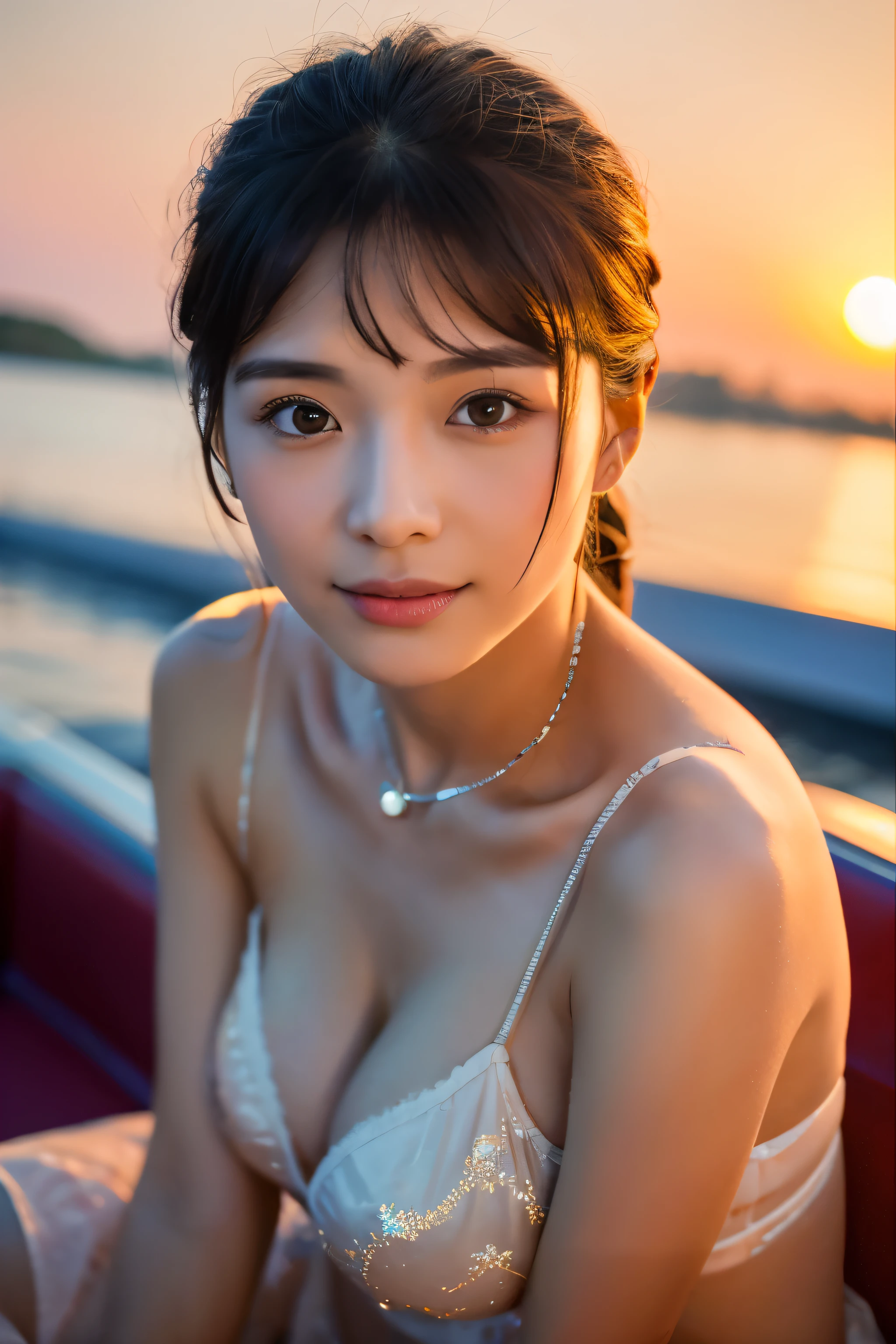 (8k), (highest quality), (Best details)Beautiful Japanese woman relaxing on a boat watching the sunrise、Completely naked、Butterfly Tattoo、Single eyelid、Pointed nose、wine glass