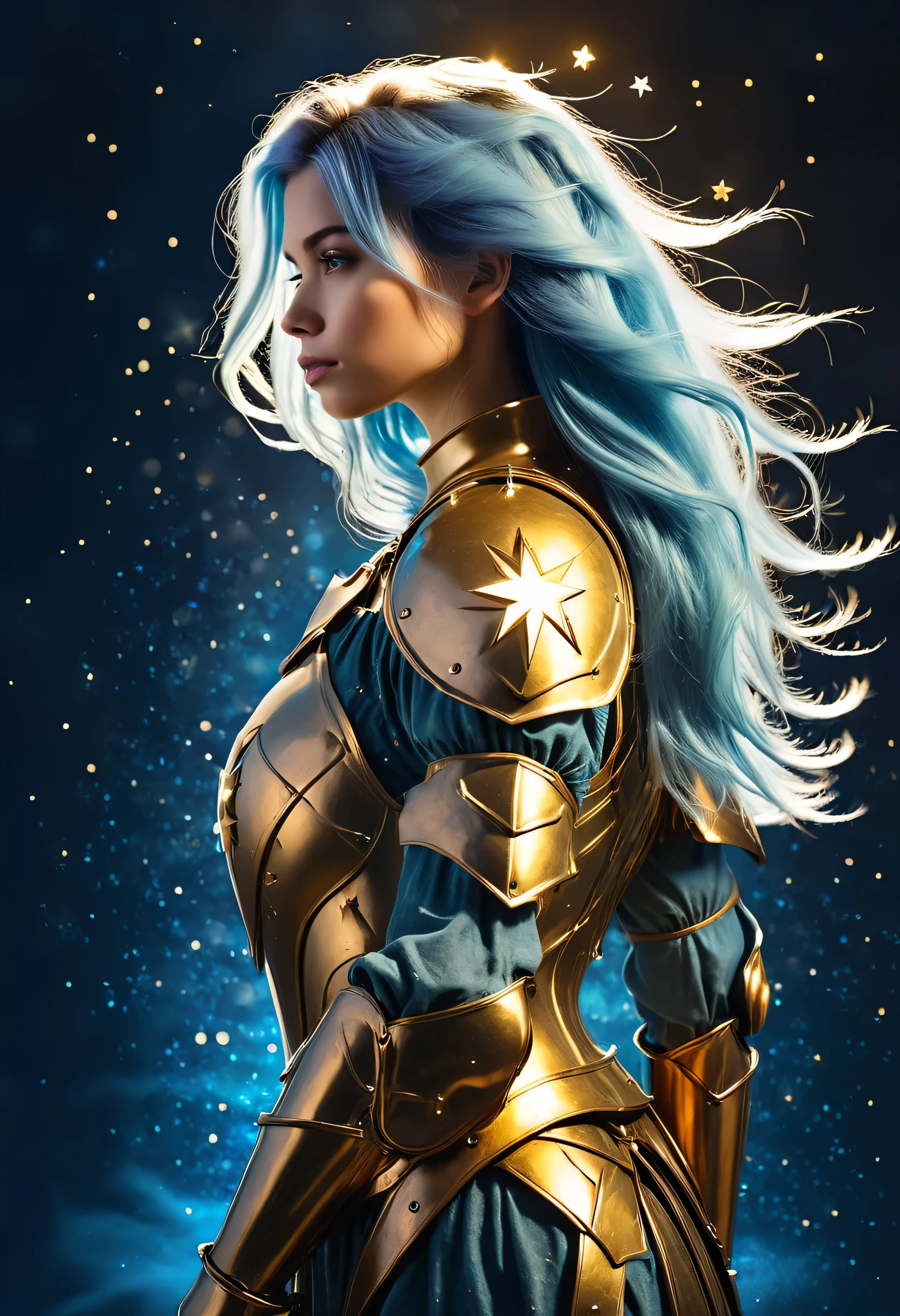 a stylized young caucasian woman warrior ((silhouette)) formed by bright stars. with straight long light blue messy hair. Straight hair. medieval golden armor. Cosmic background.