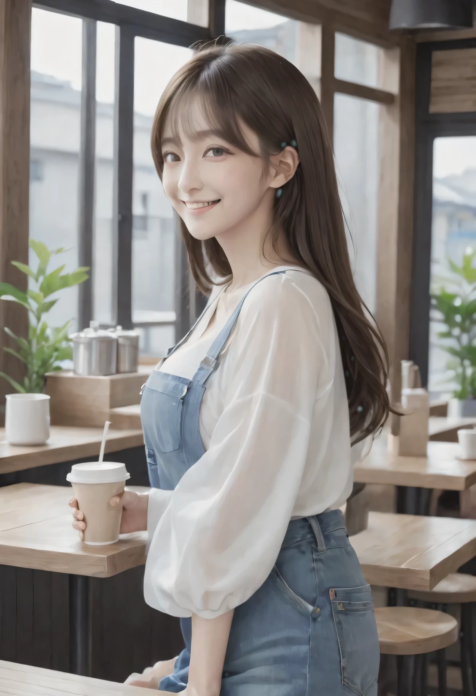 masterpiece、Mastepiece、girl、Random hairstyle、Clear eyes、Smiling at the audience、Perfect proportions、full body shot、Random clothes、Sexy pose、The background is a coffee shop