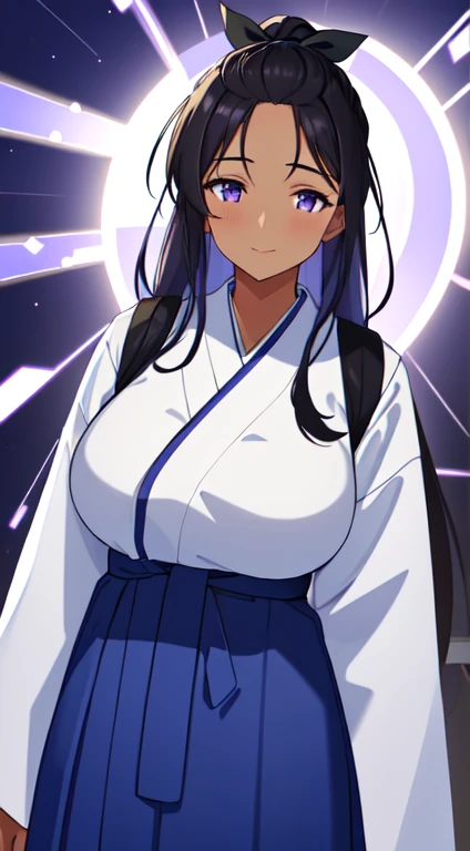 masterpiece, best quality, anime Illustration, 4k, 1 girl, solo, standing, long hair, black hair, violet eyes, high ponytail, blue hair ribbon, blue ribbon, blue hakama and white kimono, big breasts, huge breasts, looking_at_viewer, motherly smile, upper_body, dark skin, ((Village background:1.0)), ((dark skin: 1.5)), , ((parted bangs: 1.4)),  parted bangs, large forehead, purple eyes, blue hakama