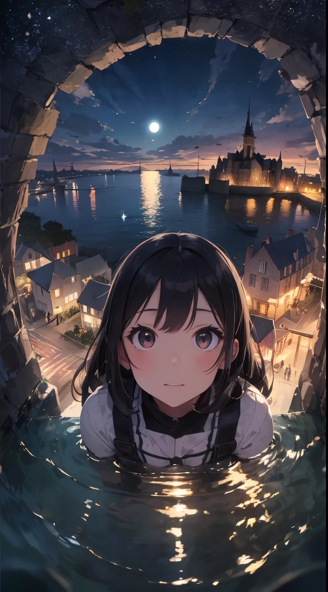 This work focuses on a girl's face using a fisheye lens.。From above land、A beautiful background behind the person、Create a masterpiece image set in Mont Saint-Michel and its bay at night。The scene is enveloped in the soft glow of moonlight、Cast long shadows、Illuminate the ancient architecture of the monastery。This girl is beautiful and adorable。She was exploring the historic site, wide-eyed in surprise。 She wears traditional costume and、The fabric is painted with maximum realism.、Different textures are emphasized。Her skin is also rendered in great detail、Captures subtle changes in texture and color。 The bay around her is calm and、The surface of the water plays the role of a mirror、It reflects the moonlight and the silhouette of Mont Saint-Michel。Delicately depicting the reflection of the water surface、Captures subtle ripples and play of light。 The girl was looking up at the camera curiously.、Gives the impression that the viewer is looking down on her。This sense of perspective is、It can be achieved using the fisheye effect to distort the image to create a wide panoramic or hemispherical view。 The overall quality of the image must be of the highest standard、Emphasis on enhancing the quality of details。The final artwork is、With the innocence of the girl、Mont Saint-Michel and its timeless beauty at night will be a celebration of the bay。