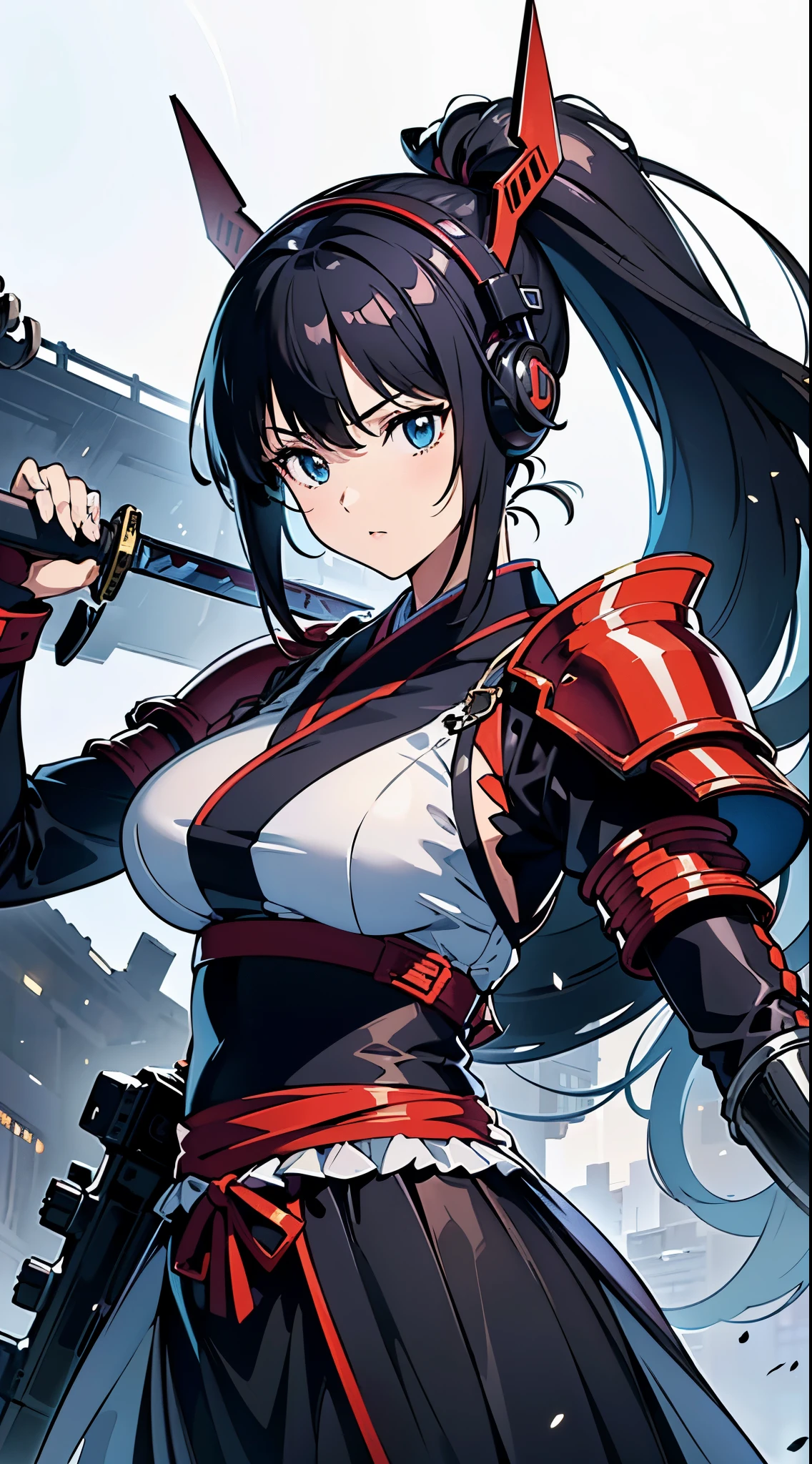 (Dynamic pose:1.3)、(Cyber Headphones:1.3)、Beautiful woman,(((head shot:1.5)))、(((samurai kimono)))、 (((Mechanical Samurai、Machinery Armor))), ((Perfect figure, Beautiful Face, Beautiful Face, Ponytail Hairstyles, Beautiful Skin, Very detailed髪, Finer details)), (Completely android woman)、(((Cinema Lighting, Beautiful lighting effects, Creative Design, Full Body Frame, Divine Aura, hard Harmony , Perfect color change, Perfect contrast balance, Perfect color layers, Perfectly smooth color bleeding, Soft Rendering, smooth color strokes, Optical Lenses, Soft colors, Smooth color blending, Perfect color expression, Harmony, perfect color Harmony, Beautiful colors, soft Harmony, Particles of light, Perfect detail, Intricate details, color prism, Finer details, Finer details))), super high quality, Very detailed,Perfect drawing,alone, beautiful girl, masterpiece, (mecha musume), Machinery Armor, headgear, Mechanical Wing, brandishing a sword、Samurai with a huge gun, Black ponytail, Her hair is tied with a big red ribbon, Equipped with two Japanese swords ((extra large cool samurai_Sword in hand, Huge and cool weapon machine)), Open Stance, Action pose,purgatory , ((highest quality))),8k,((masterpiece)),(Very sophisticated and beautiful)