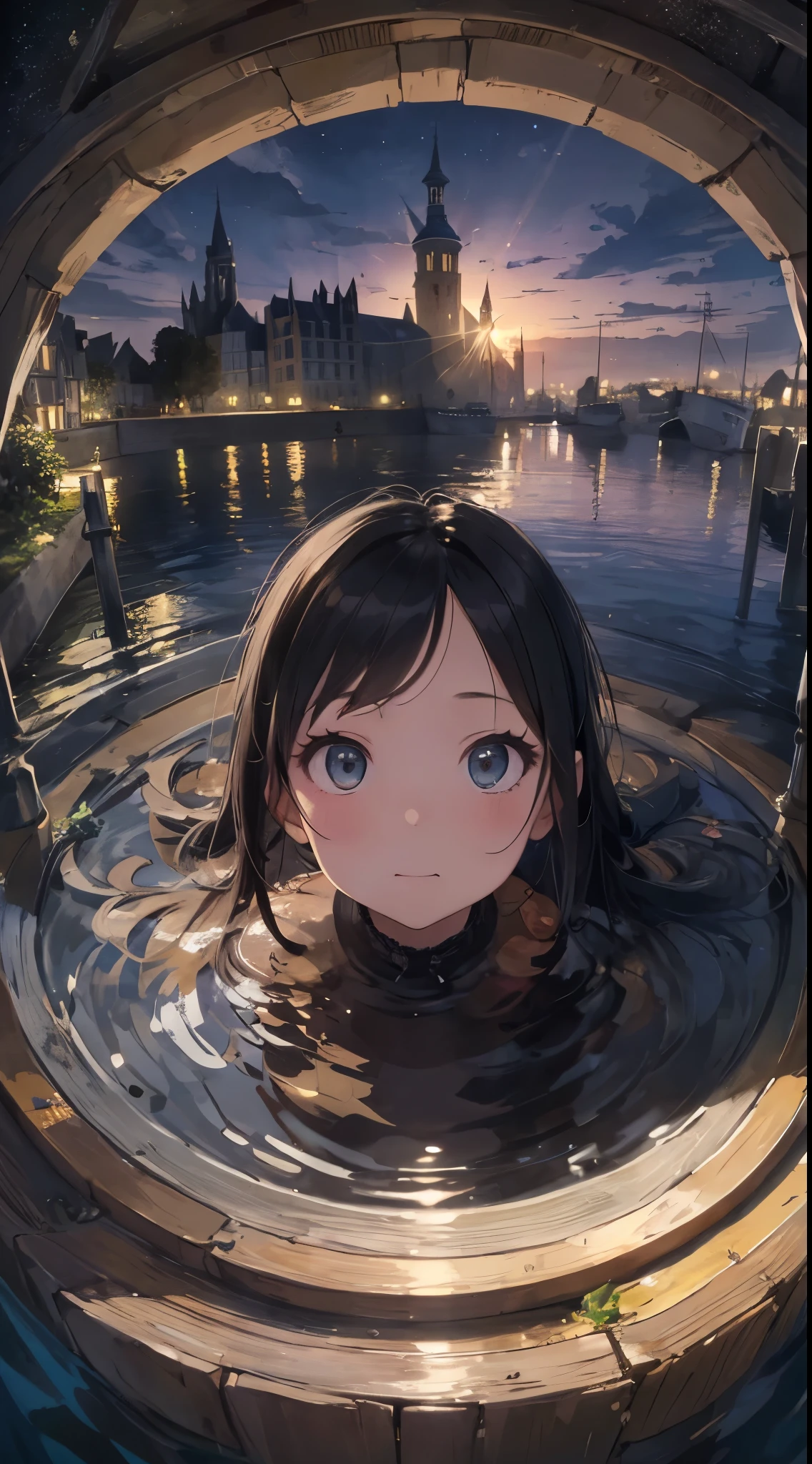 This work focuses on a girl's face using a fisheye lens.。From above land、A beautiful background behind the person、Create a masterpiece image set in Mont Saint-Michel and its bay at night。The scene is enveloped in the soft glow of moonlight、Cast long shadows、Illuminate the ancient architecture of the monastery。This girl is beautiful and adorable。She was exploring the historic site, wide-eyed in surprise。 She wears traditional costume and、The fabric is painted with maximum realism.、Different textures are emphasized。Her skin is also rendered in great detail、Captures subtle changes in texture and color。 The bay around her is calm and、The surface of the water plays the role of a mirror、It reflects the moonlight and the silhouette of Mont Saint-Michel。Delicately depicting the reflection of the water surface、Captures subtle ripples and play of light。 The girl was looking up at the camera curiously.、Gives the impression that the viewer is looking down on her。This sense of perspective is、It can be achieved using the fisheye effect to distort the image to create a wide panoramic or hemispherical view。 The overall quality of the image must be of the highest standard、Emphasis on enhancing the quality of details。The final artwork is、With the innocence of the girl、Mont Saint-Michel and its timeless beauty at night will be a celebration of the bay。