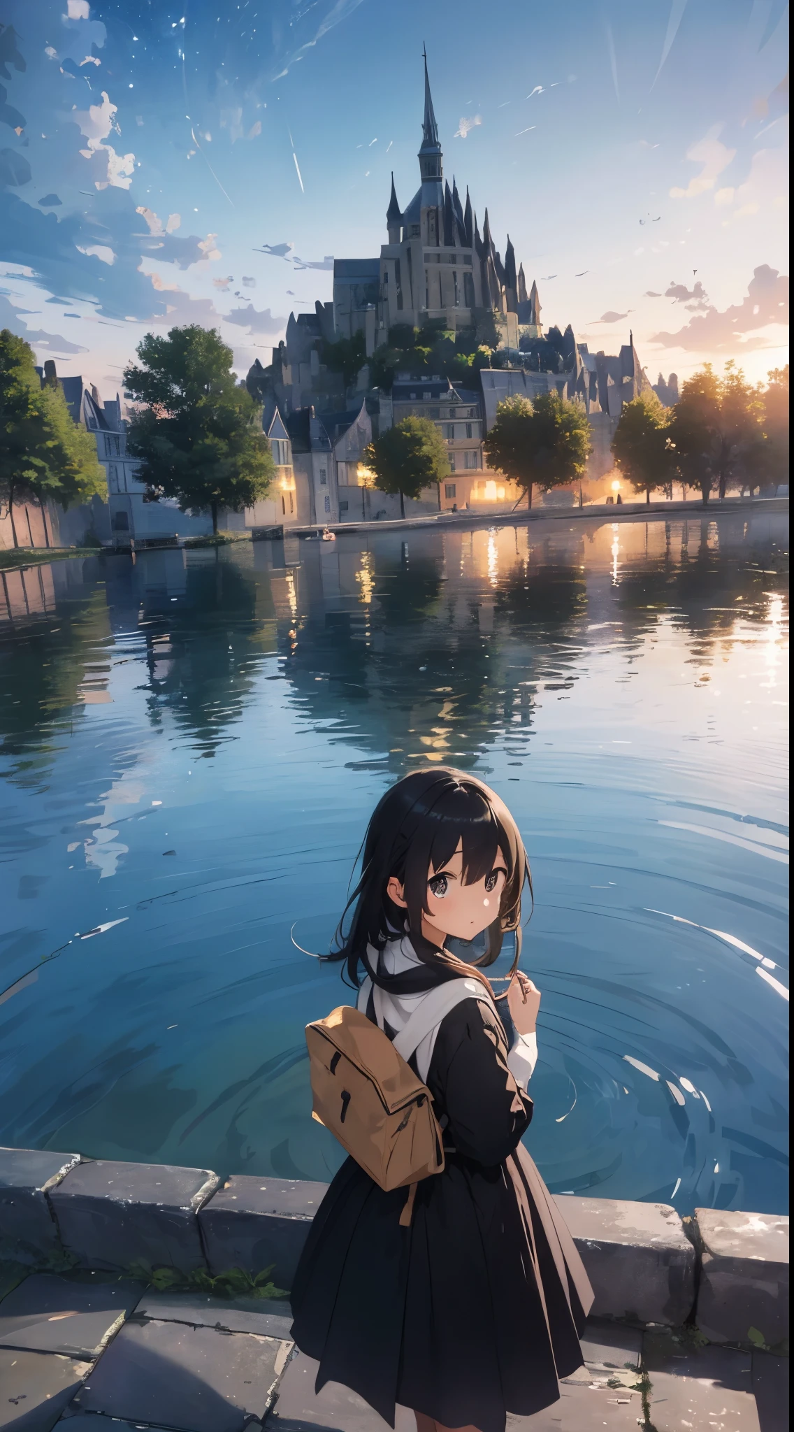 This work focuses on a girl's face using a fisheye lens.。From above land、A beautiful background behind the person、Create a masterpiece image set in Mont Saint-Michel and its bay at night。The scene is enveloped in the soft glow of moonlight、Cast long shadows、Illuminate the ancient architecture of the monastery。This girl is beautiful and adorable。She was exploring the historic site, wide-eyed in surprise。 She wears traditional costume and、The fabric is painted with maximum realism.、Different textures are emphasized。Her skin is also rendered in great detail、Captures subtle changes in texture and color。 The bay around her is calm and、The surface of the water plays the role of a mirror、It reflects the moonlight and the silhouette of Mont Saint-Michel。Delicately depicting the reflection of the water surface、Captures subtle ripples and play of light。 The girl was looking up at the camera curiously.、Gives the impression that the viewer is looking down on her。This sense of perspective is、It can be achieved using the fisheye effect to distort the image to create a wide panoramic or hemispherical view。 The overall quality of the image must be of the highest standard、Emphasis on enhancing the quality of details。The final artwork is、With the innocence of the girl、Mont Saint-Michel and its timeless beauty at night will be a celebration of the bay。