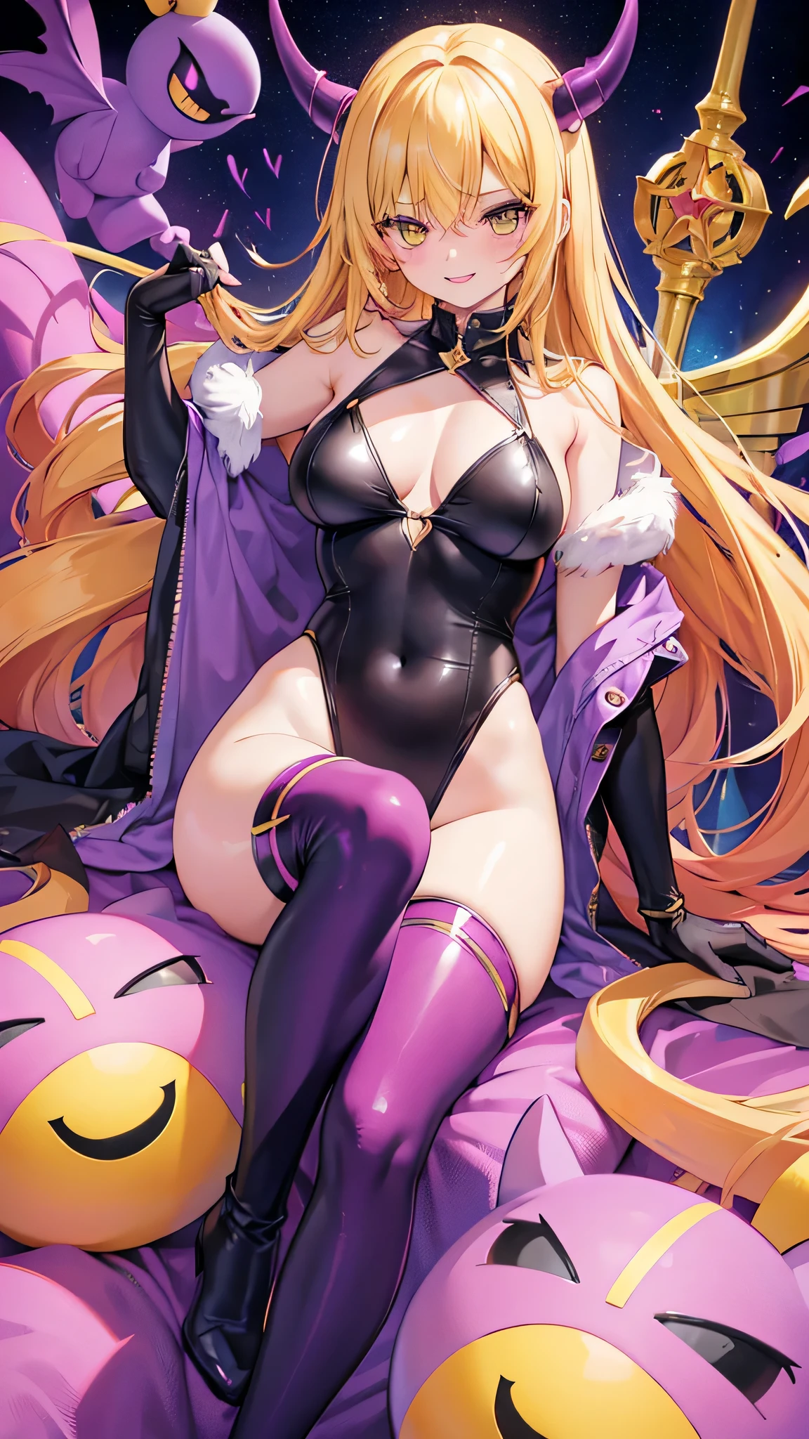 Sentai Series、1girl、Young、Villainous female executive、A purple leotard that only covers the nipples and crotch、Gold decoration on chest、sexy、Blonde、Yellow Eyes、Handsome face、Coral-colored lips、Slender body、Perfect proportions、short boots、rubber gloves、Wicked Smile、((Devilish decoration))、The navel is exposed、Open chest、Shoulders are exposed、(put your feet on the man)、Bewitching aura、1boy、(The man is falling)、After the battle the man lost、((A female executive is stepping on a man's face))、Angle from below