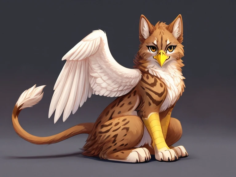 furry art, feral, gryphon, female, feminine, brown fur, white feathers, wings, paws, tail, eagle head, yellow beak, cute