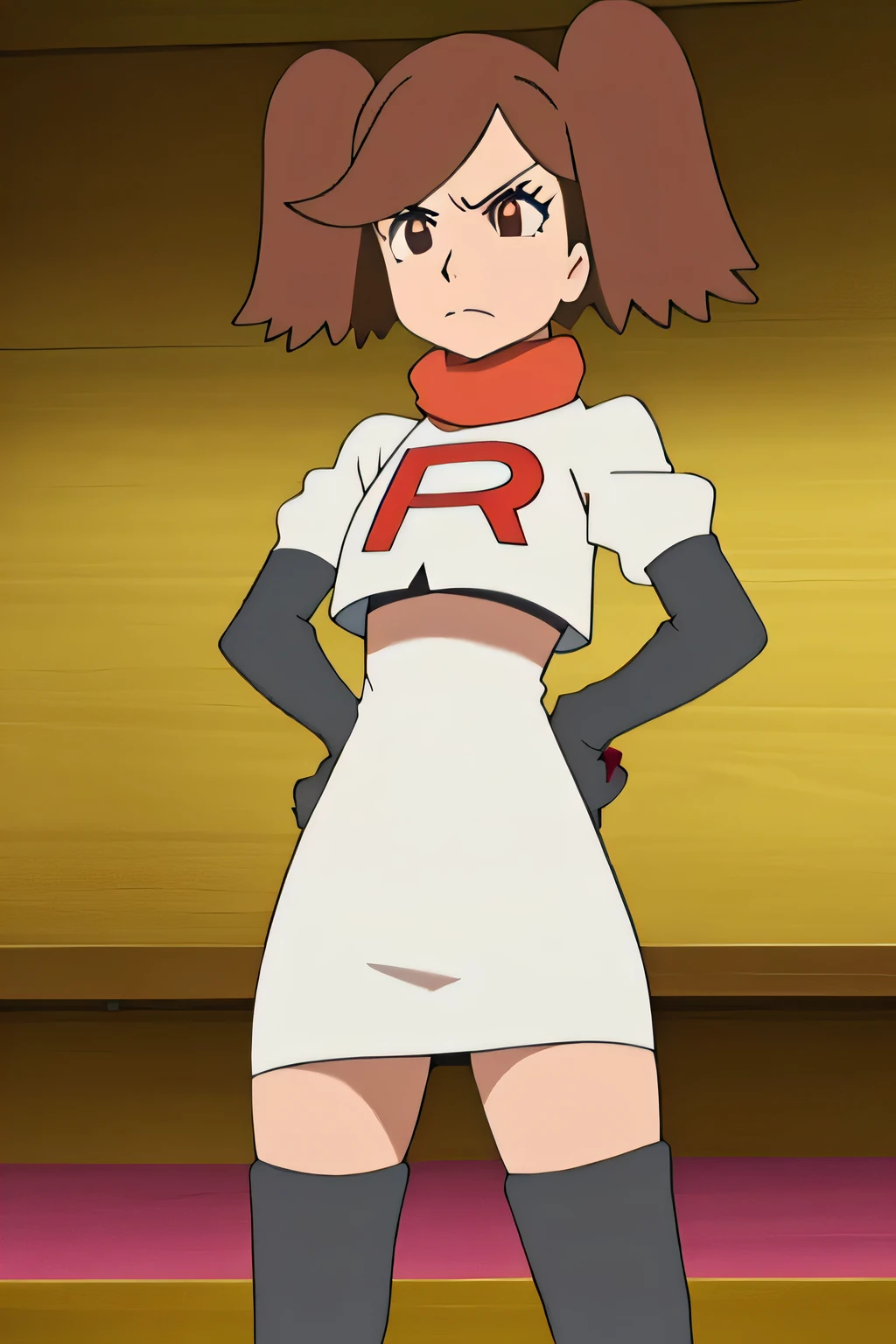masterpiece,best quality,high res,high quality,8k, masterpiece,highres, team rocket uniform, red letter r, white skirt,white crop top,black thigh-high boots, black elbow gloves, glaring angrily, looking down at viewer, hands on hips, cowboy shot, zettai ryouiki,spread legs,from below, black panties,anime style, vivid colors, sharp focus, intense lighting,namida suzameno,two braids,brown hair,brown eyes