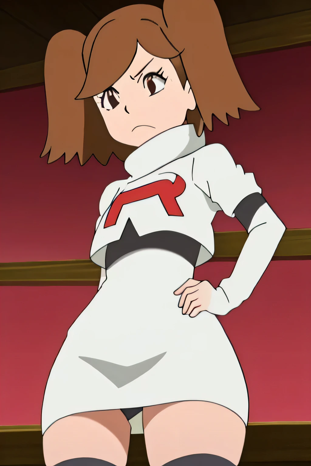 masterpiece,best quality,high res,high quality,8k, masterpiece,highres, team rocket uniform, red letter r, white skirt,white crop top,black thigh-high boots, black elbow gloves, glaring angrily, looking down at viewer, hands on hips, cowboy shot, zettai ryouiki,spread legs,from below, black panties,anime style, vivid colors, sharp focus, intense lighting,namida suzameno,two braids,brown hair,brown eyes