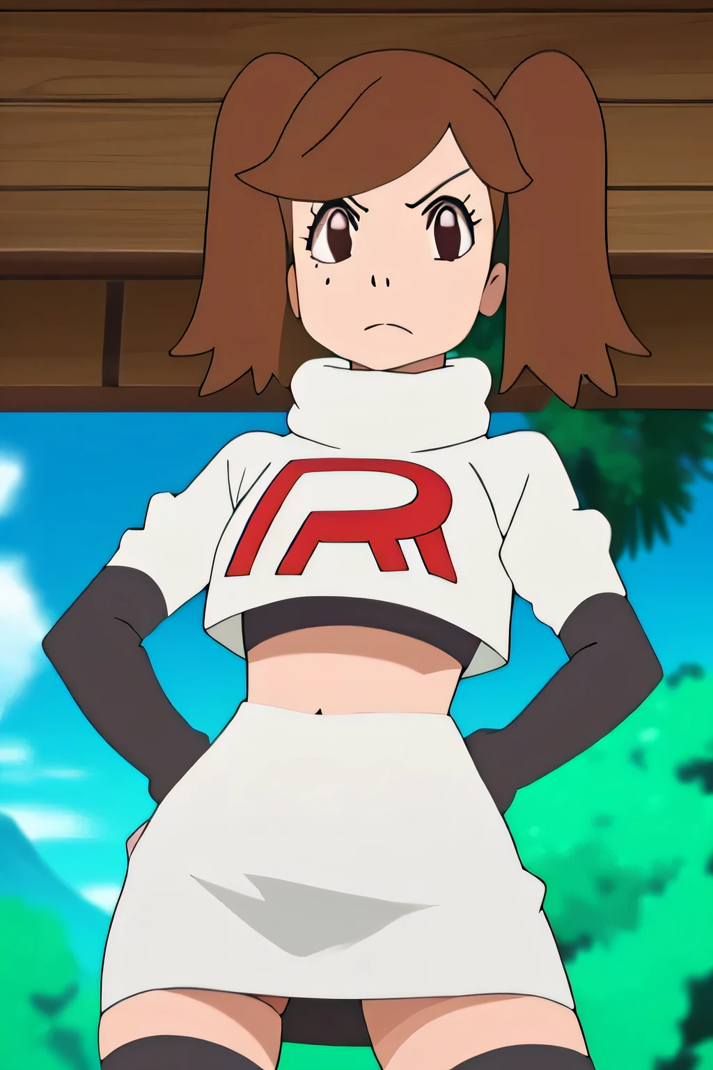 masterpiece,best quality,high res,high quality,8k, masterpiece,highres, team rocket uniform, red letter r, white skirt,white crop top,black thigh-high boots, black elbow gloves, glaring angrily, looking down at viewer, hands on hips, cowboy shot, zettai ryouiki,spread legs,from below, black panties,anime style, vivid colors, sharp focus, intense lighting,namida suzameno,two braids,brown hair,brown eyes