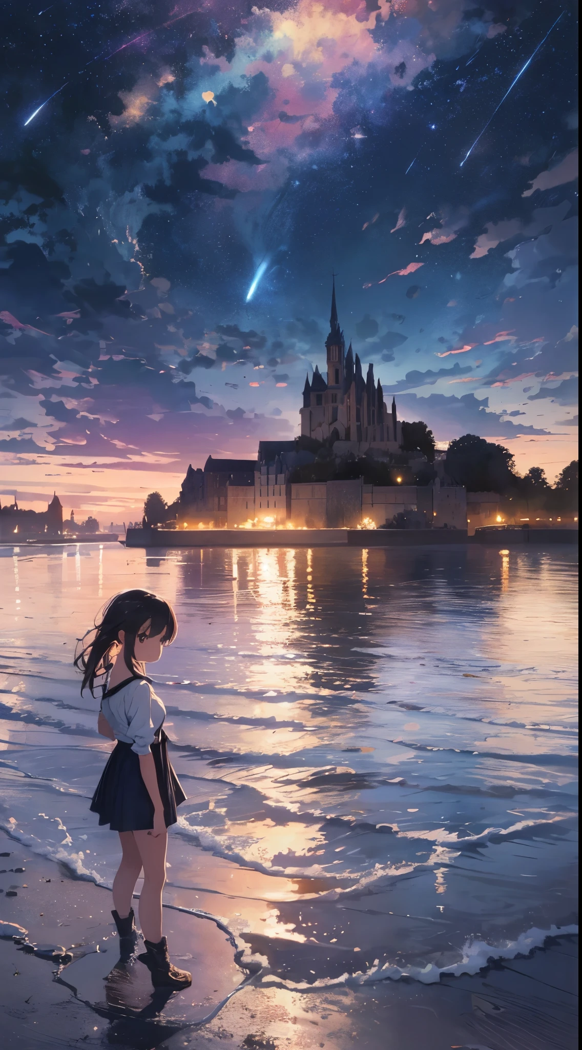 This work focuses on a girl's face using a fisheye lens.。Create a masterpiece image set in Mont Saint-Michel and its bay at night。The scene is enveloped in the soft glow of moonlight、Cast long shadows、Illuminate the ancient architecture of the monastery。This girl is beautiful and adorable。She was exploring the historic site, wide-eyed in surprise。 She wears traditional costume and、The fabric is painted with maximum realism.、Different textures are emphasized。Her skin is also rendered in great detail、Captures subtle changes in texture and color。 The bay around her is calm and、The surface of the water plays the role of a mirror、It reflects the moonlight and the silhouette of Mont Saint-Michel。Delicately depicting the reflection of the water surface、Captures subtle ripples and play of light。 The girl was looking up at the camera curiously.、Gives the impression that the viewer is looking down on her。This sense of perspective is、It can be achieved using the fisheye effect to distort the image to create a wide panoramic or hemispherical view。 The overall quality of the image must be of the highest standard、Emphasis on enhancing the quality of details。The final artwork is、With the innocence of the girl、Mont Saint-Michel and its timeless beauty at night will be a celebration of the bay。